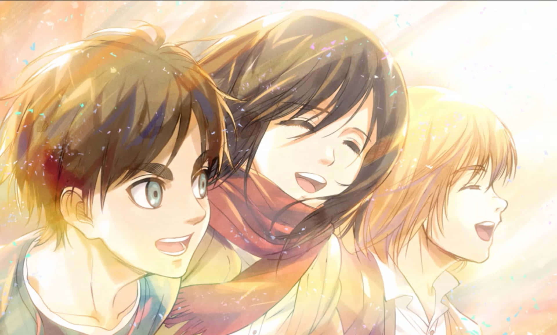 Attack On Titan Season 1 桌布 壁紙 — 三個動漫角色在金色光芒和彩色粒子環繞下歡快地大笑。
