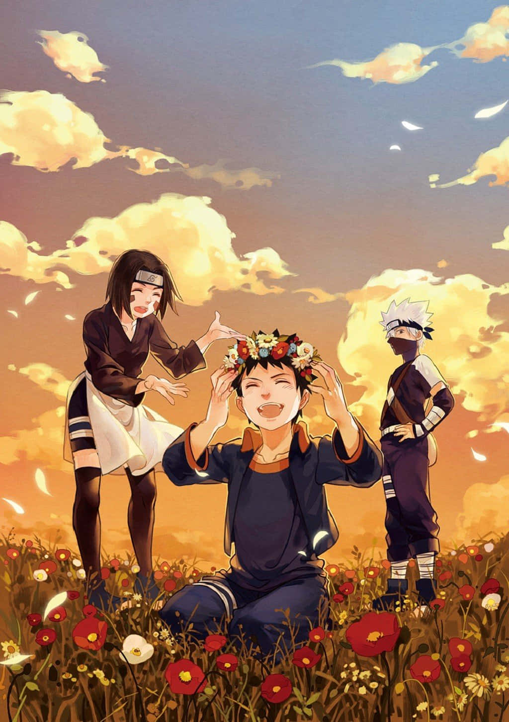Kakashi And Tobi 桌布 壁紙 — 三個動漫角色在金色天空下、陽光普照的紅色罌粟花田中開心互動。