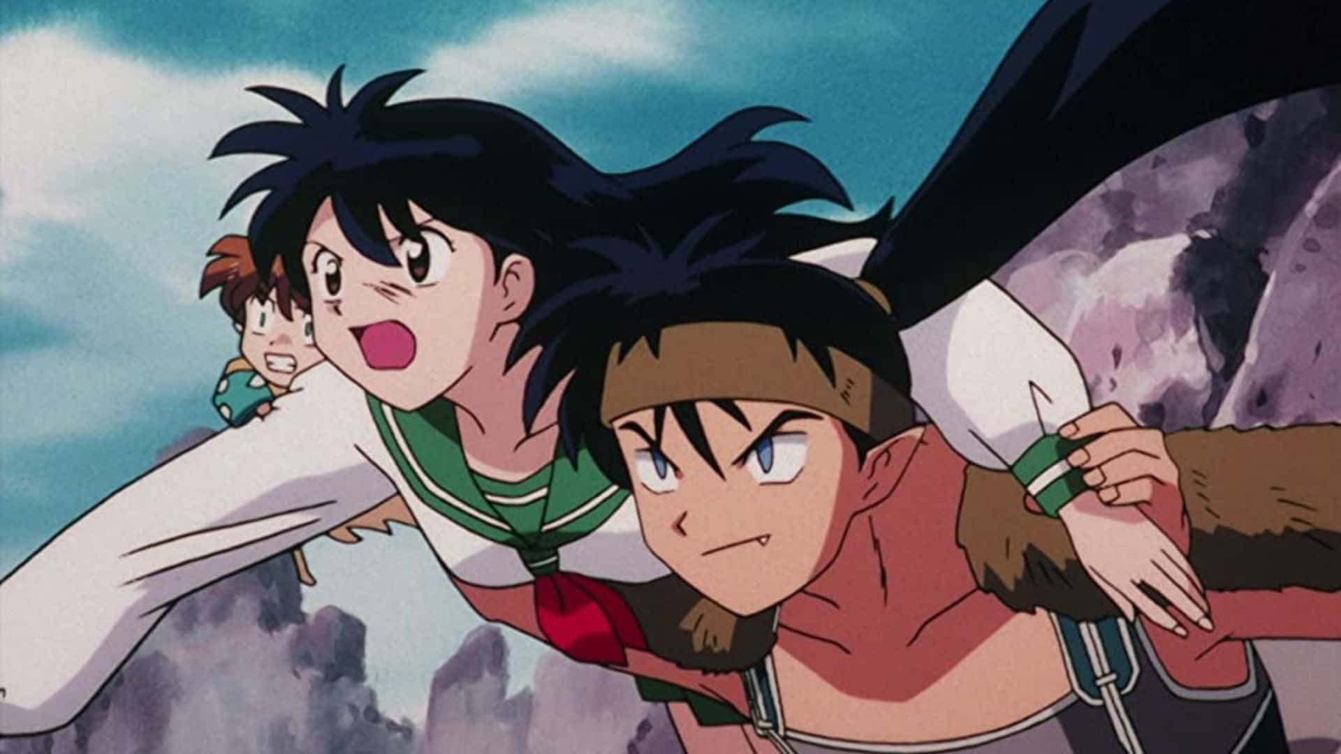 Inuyasha Koga 桌布 壁紙 — 三個動漫角色在陰天下帶著堅定的表情穿過岩石峽谷奔跑。