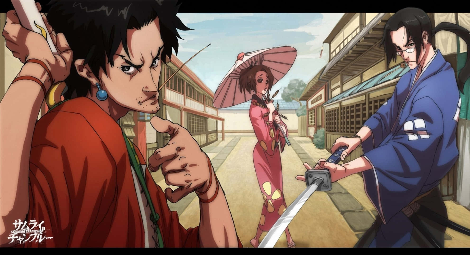 Samurai Champloo 桌布 壁紙 — 三個動漫角色在陽光明媚的日本街道上緊張對峙，背景有傳統建築和一位撐傘的女子。