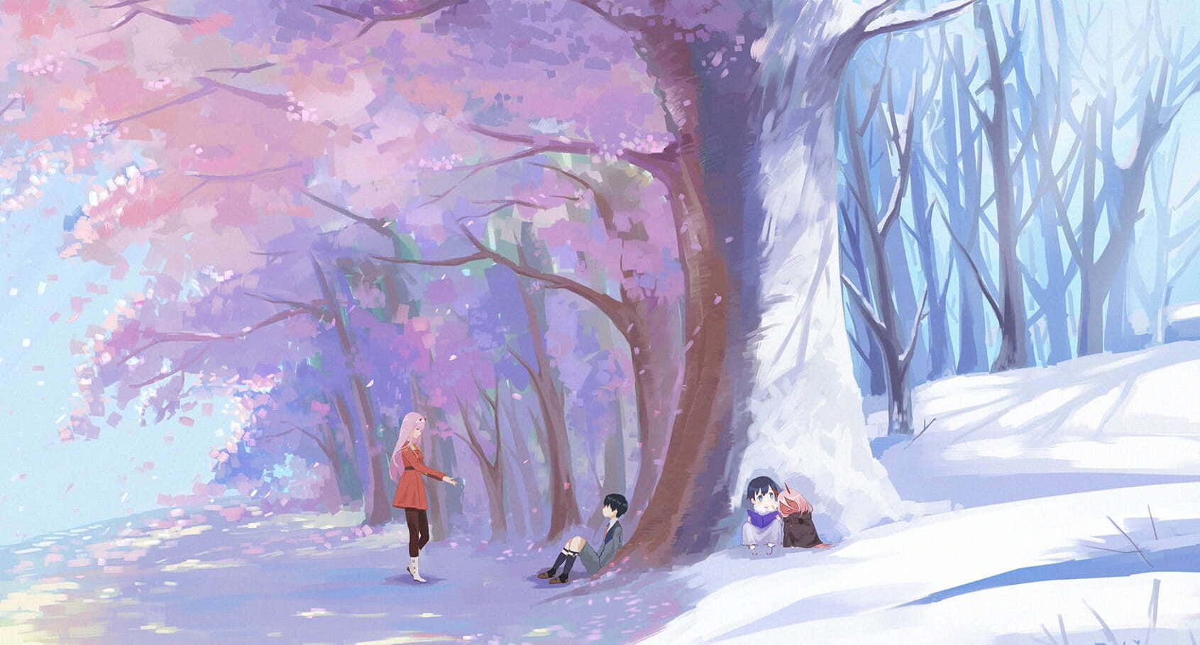 Anime Cherry Blossom 桌布 壁紙 — 三個動漫角色在雪地森林中，於盛開的櫻花樹下放鬆，粉紅色的花瓣飄落下來。