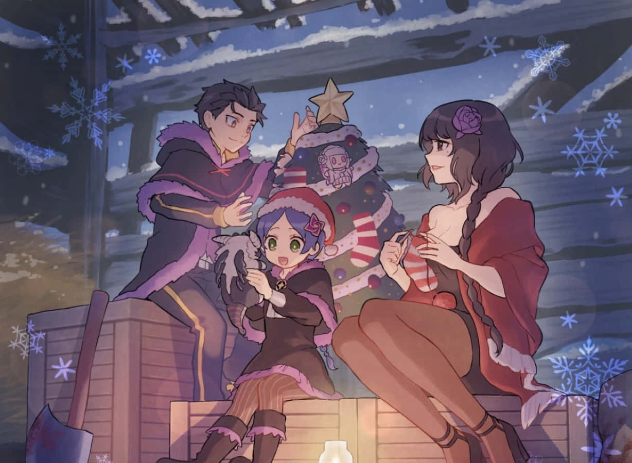 Meili Portroute 桌布 壁紙 — 三個動漫角色在雪花下慶祝聖誕節，裝飾著聖誕樹和溫暖的燈籠。