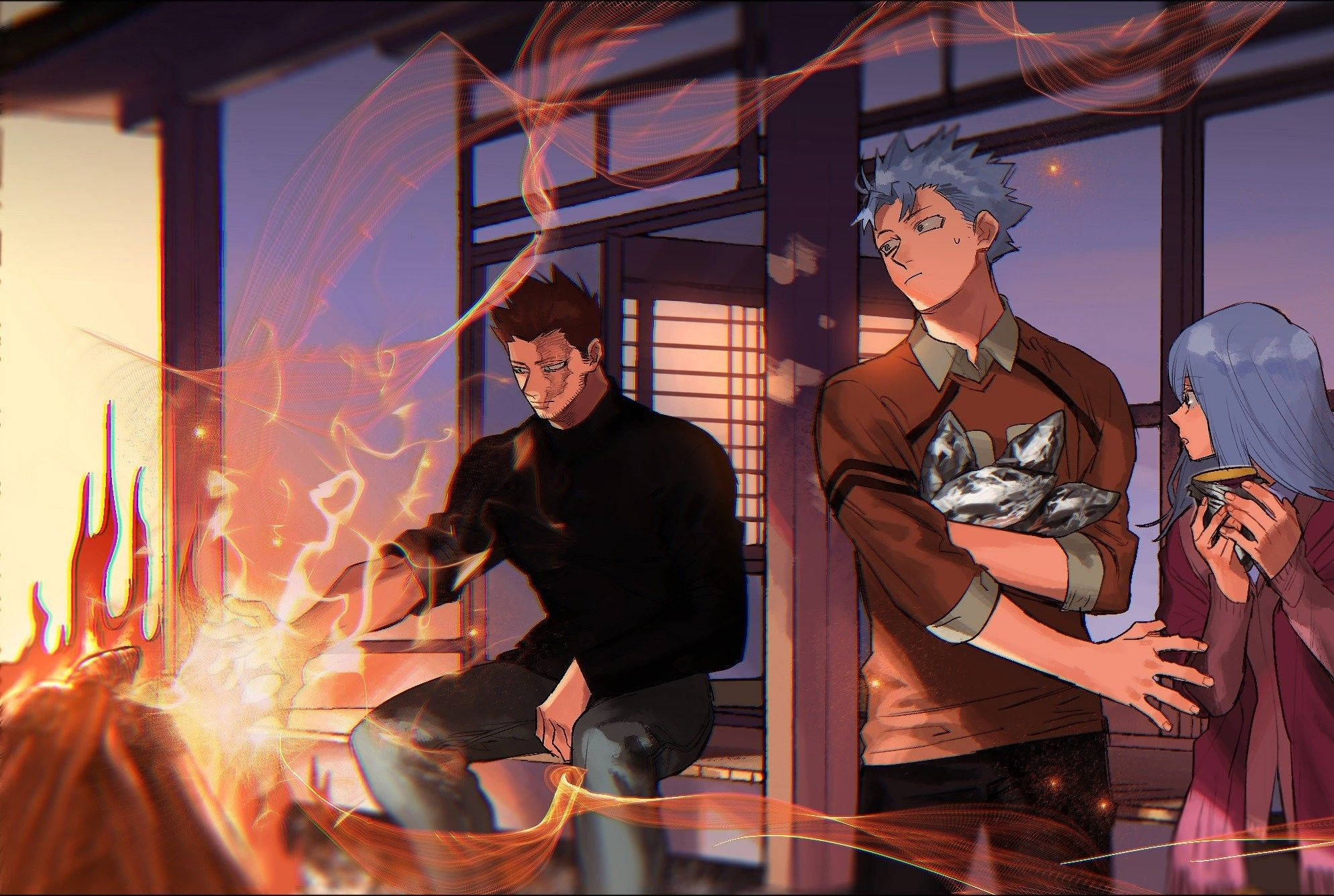 todoroki family 桌布 壁紙 — 三個動漫角色在黃昏時分聚集在傳統日式房間裡發光的火堆周圍。