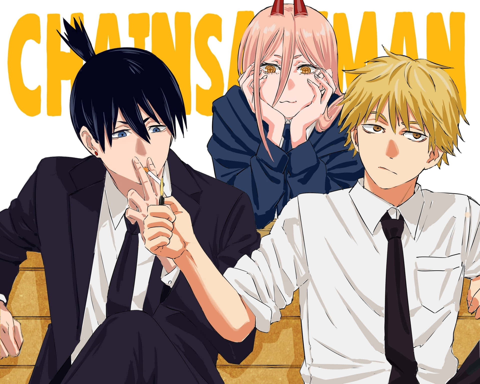 動漫角色 桌布 壁紙 — 三個動漫角色坐在樓梯上，背後有粗體黃色 Chainsaw Man 文字。