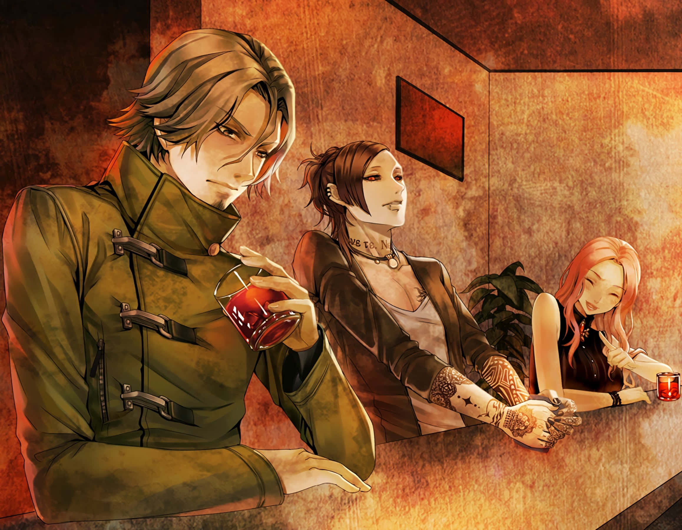 Tokyo Ghoul Uta 桌布 壁紙 — 三個動漫角色坐在燈光昏暗的酒吧，溫暖的橙色燈光和紅色飲品營造出憂鬱而親密的氛圍。