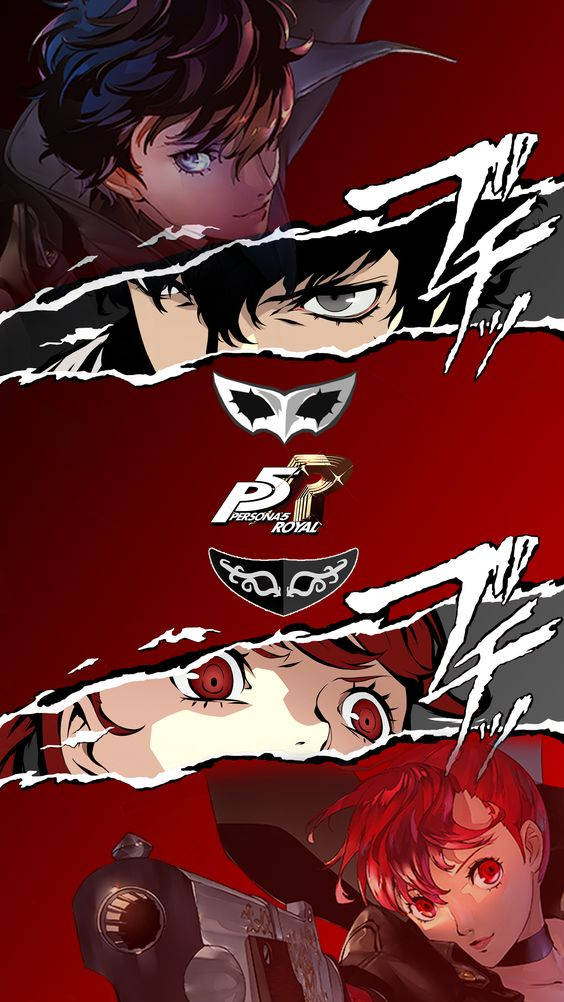 Persona 5 Phone 桌布 壁紙 — 三個動漫角色帶著強烈的表情，透過撕破的紙張窺視，背景為深紅色並帶有 Persona 5 Royal 標誌。