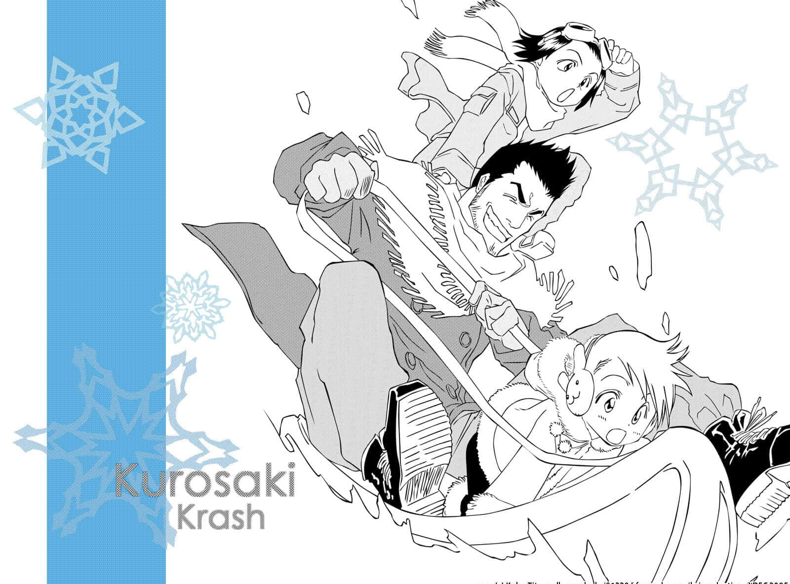 Isshin Kurosaki 桌布 壁紙 — 三個動漫角色愉快地乘雪橇滑下一個積雪的山坡，雪花在他們周圍旋轉。