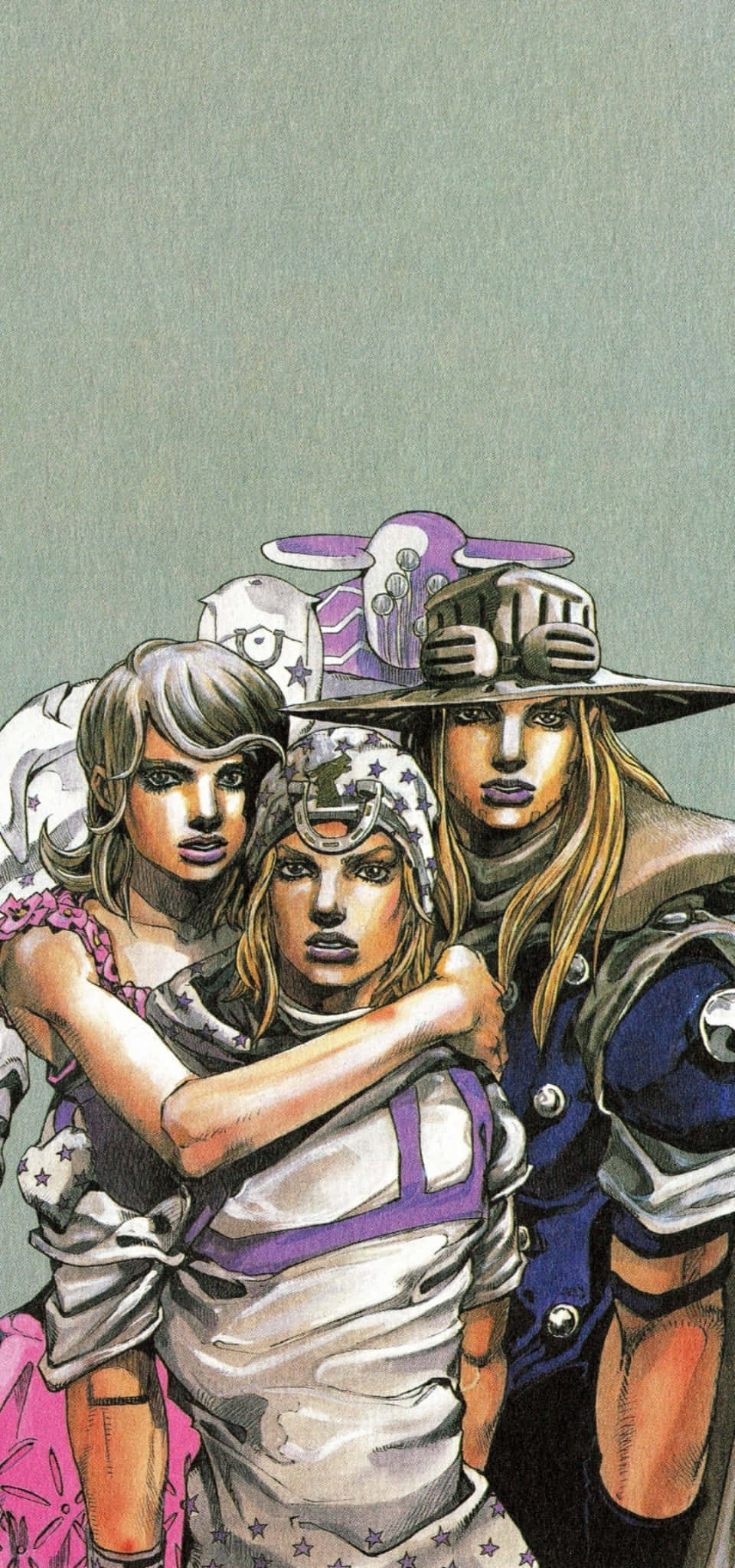 Jojo Steel Ball Run 桌布 壁紙 — 三個動漫角色戴著星星圖案的頭飾，表情大膽，在柔和的灰色背景前緊密地站在一起。