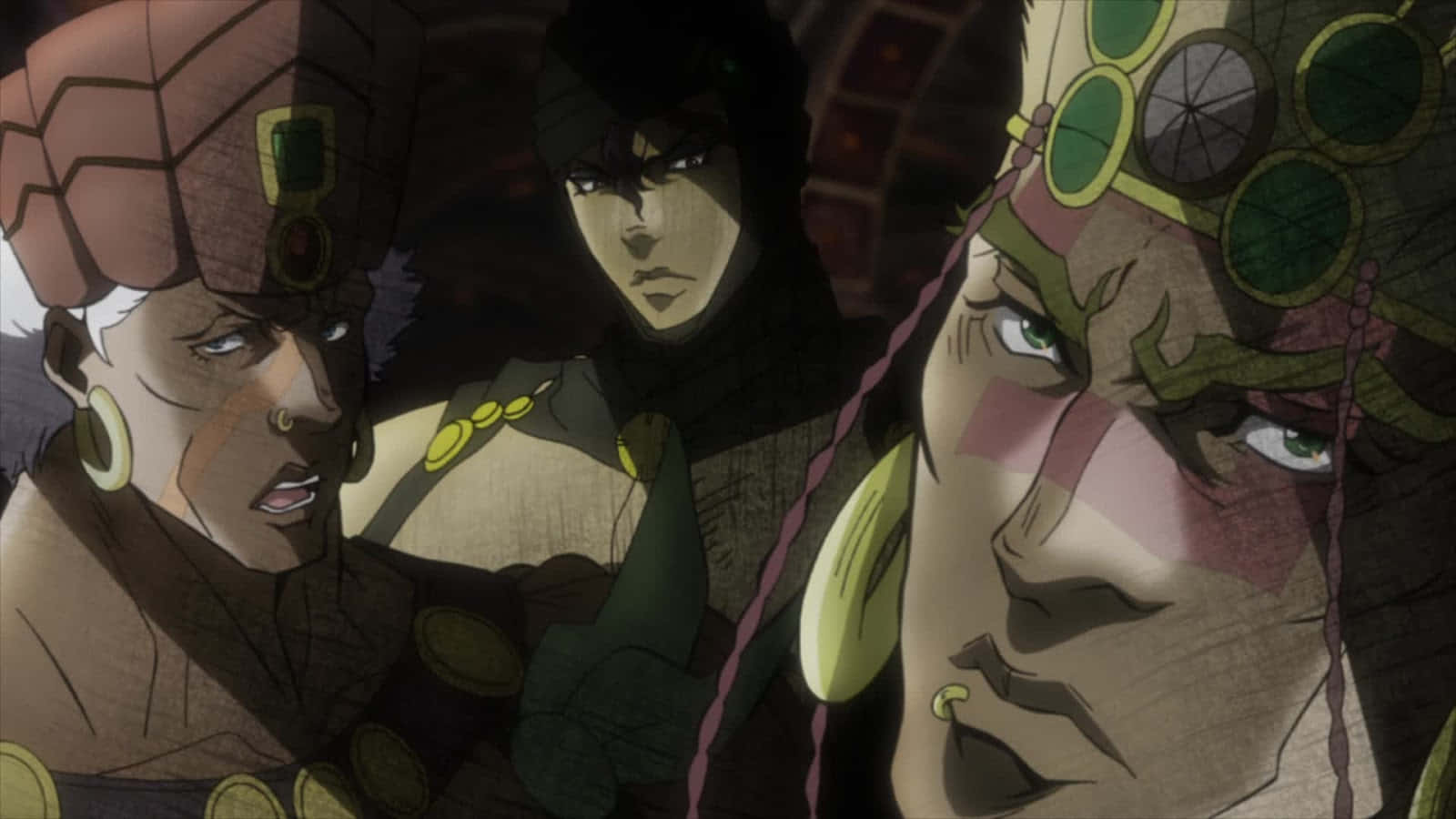 Pillar Men 桌布 壁紙 — 三個動漫角色戴著華麗頭飾，表情強烈，在昏暗場景中直視前方。