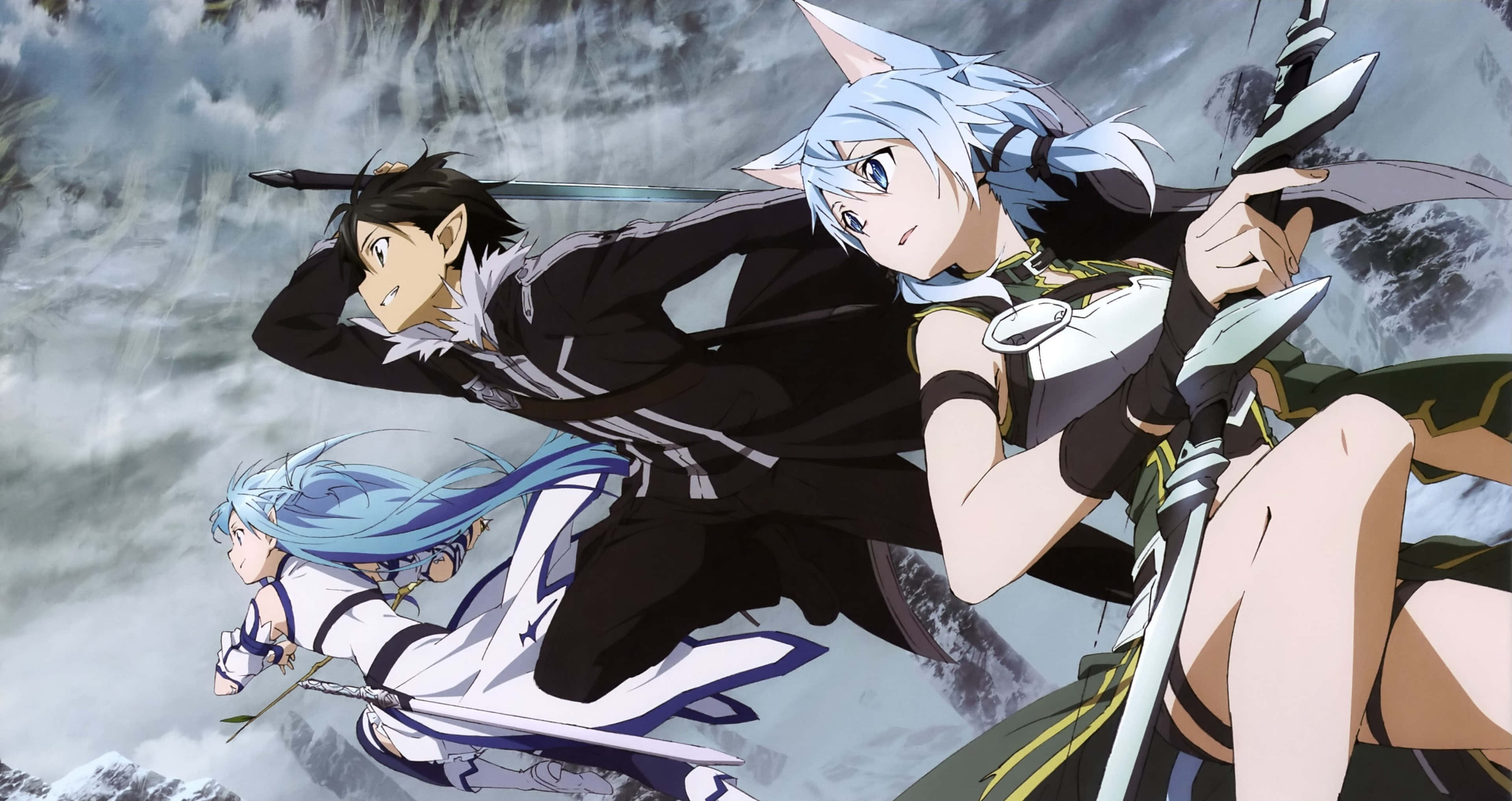 Sinon 桌布 壁紙 — 三個動漫角色手持劍，在風暴山脈背景下動態跳躍。