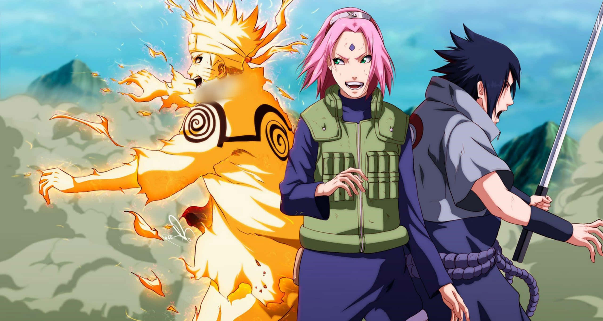 Ps4 Naruto 桌布 壁紙 — 三個動漫角色準備戰鬥，其中一個在山巒背景下發出橙色查克拉光芒。