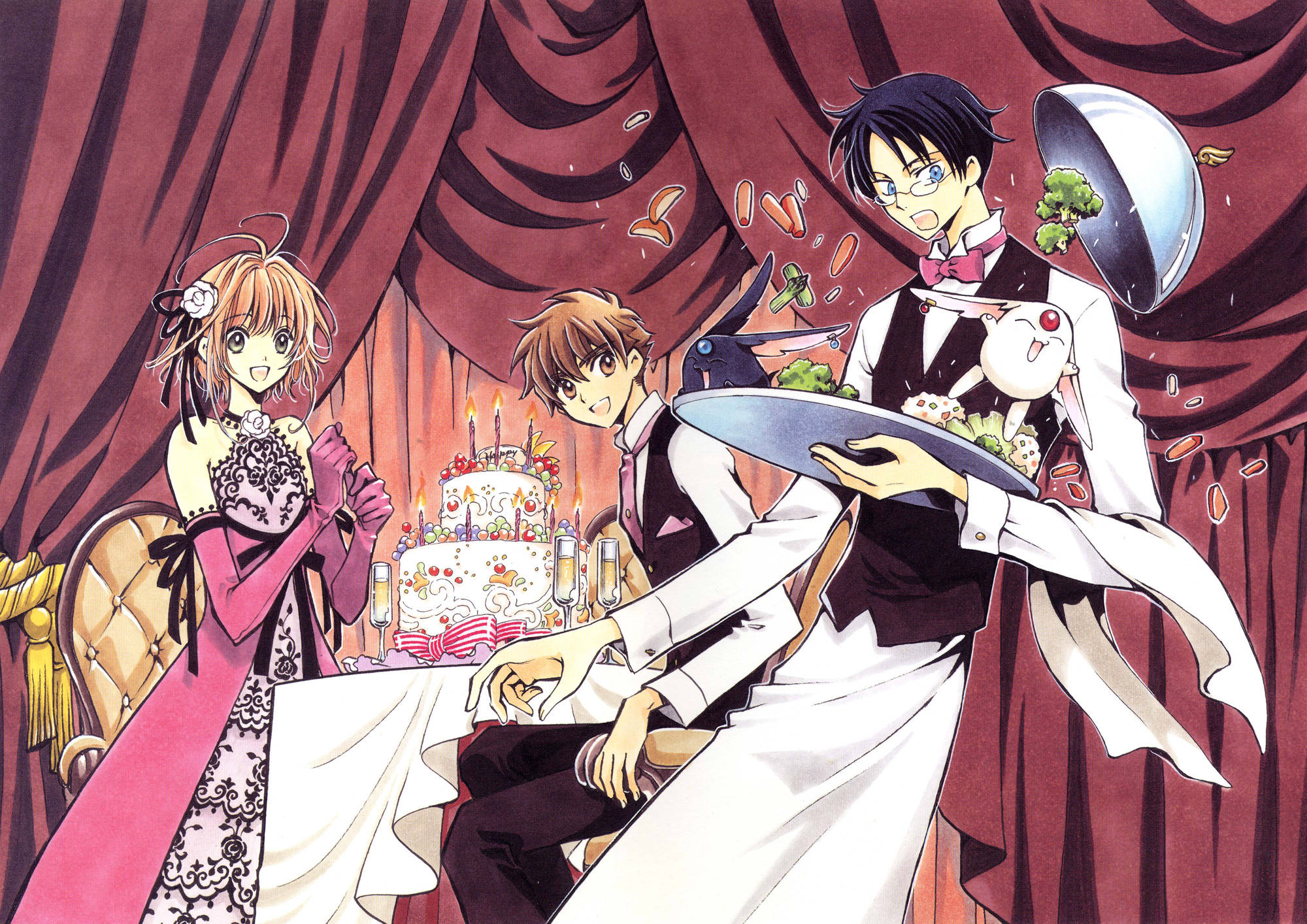 tsubasa reservoir chronicle 桌布 壁紙 — 三個動漫角色用蛋糕慶祝，侍應生在豪華紅色布幔房間打翻食物。