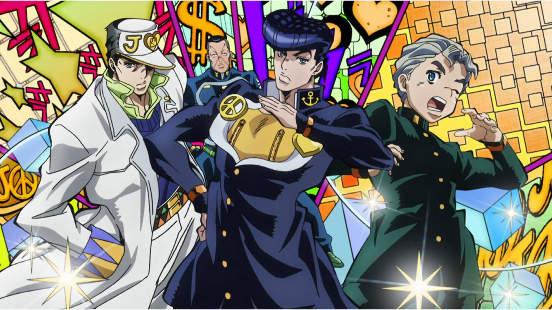 jojo 4K 桌布 壁紙 — 三個動漫角色穿著大膽服裝，在充滿活力的塗鴉風格背景前動態擺姿勢，背景有發光的星星。