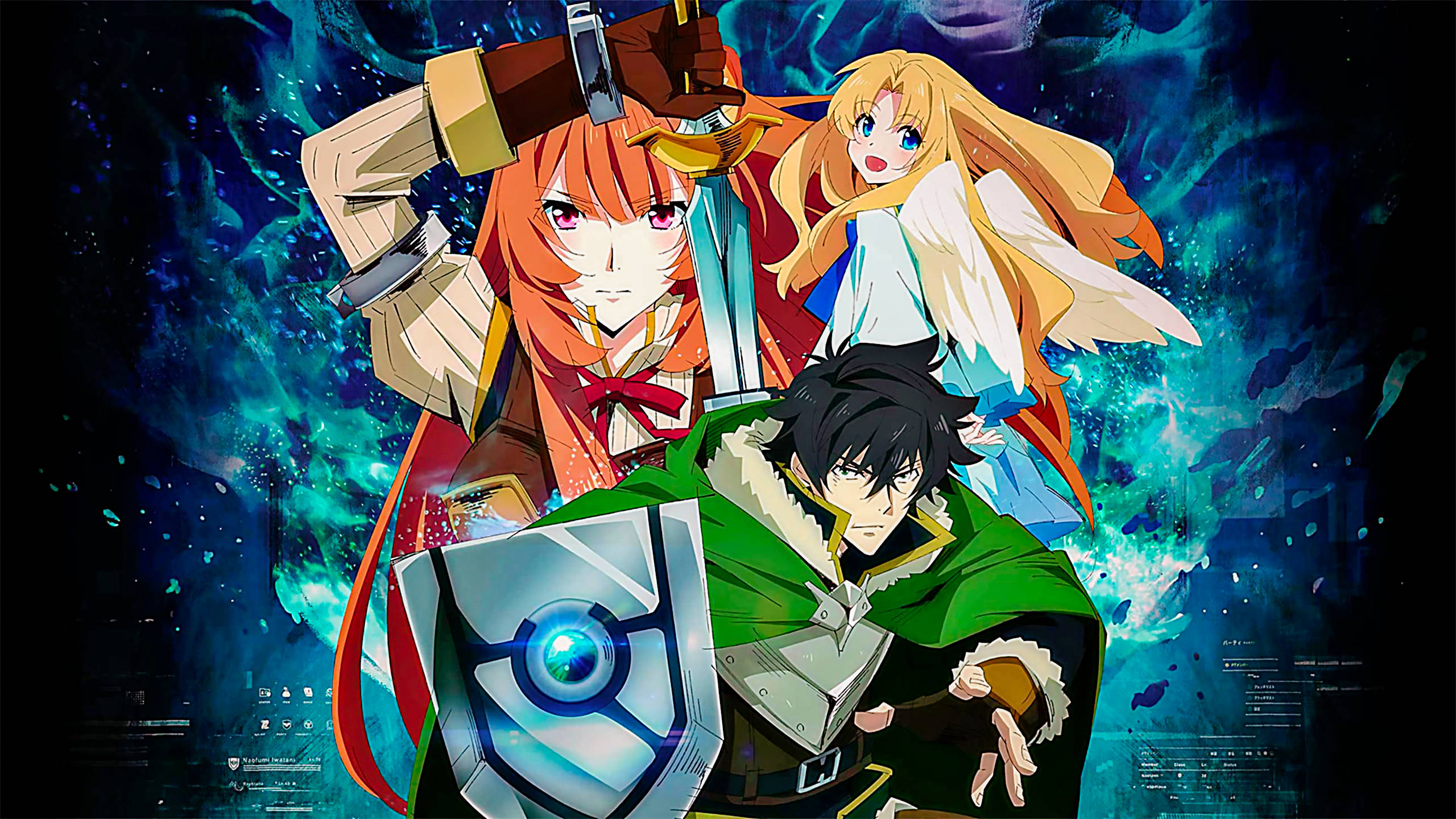 Raphtalia 桌布 壁紙 — 三個動漫角色穿著奇幻裝備，英雄般地站在宇宙藍色能量背景前。