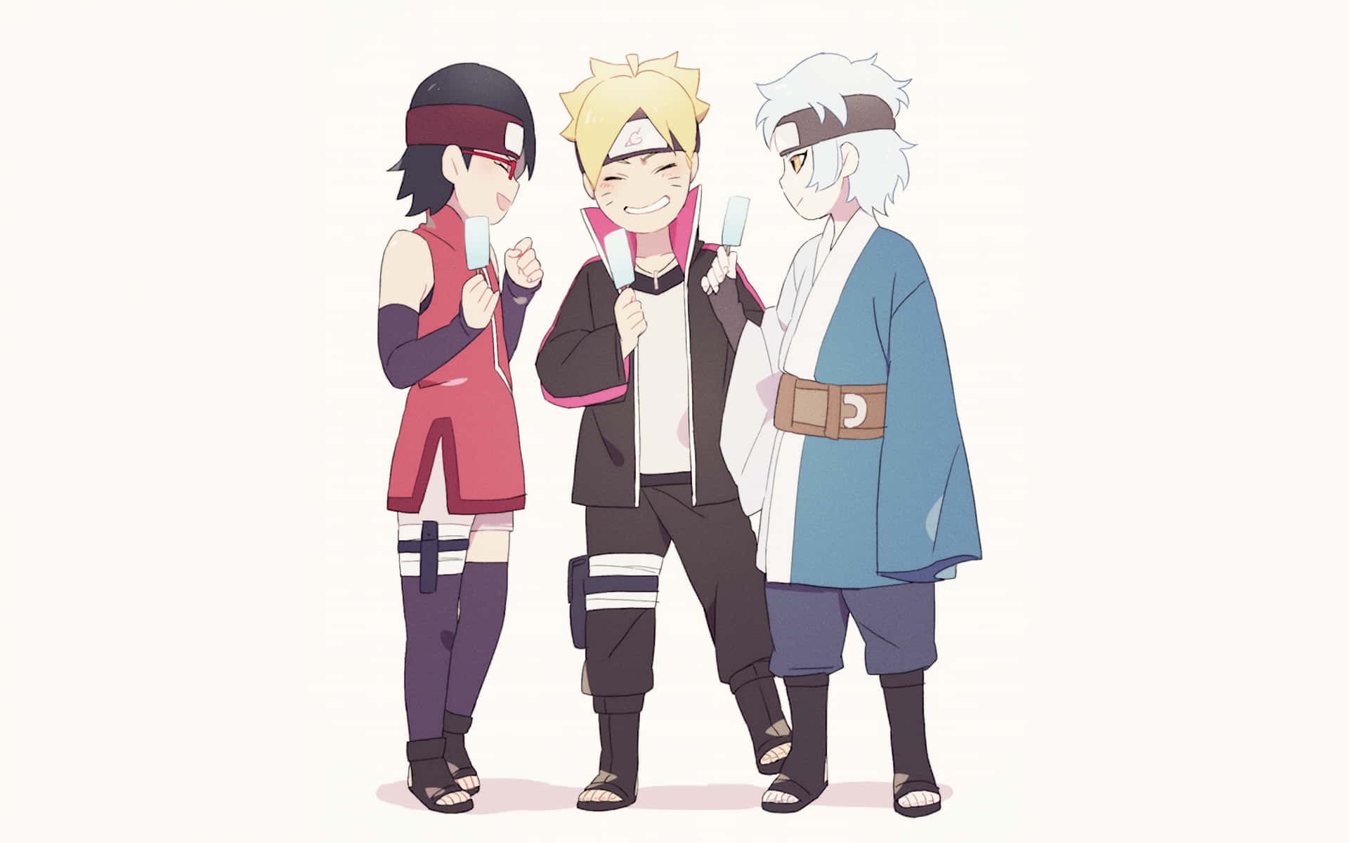 Mitsuki 桌布 壁紙 — 三個動漫角色穿著忍者服裝，在純色背景前一起微笑拿著冰棒。