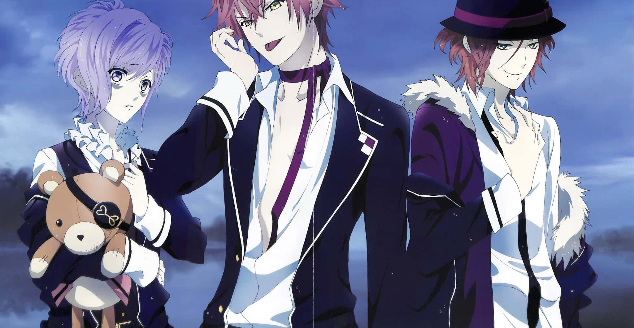 Diabolik Lovers 桌布 壁紙 — 三個動漫角色穿著時尚的深色服裝，在暮色天空下擺姿勢，其中一個抱著泰迪熊。