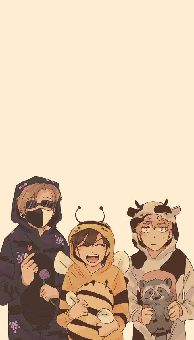 Friends Aesthetic 桌布 壁紙 — 三個動漫角色穿著服裝，在純米色背景前微笑擺姿勢。