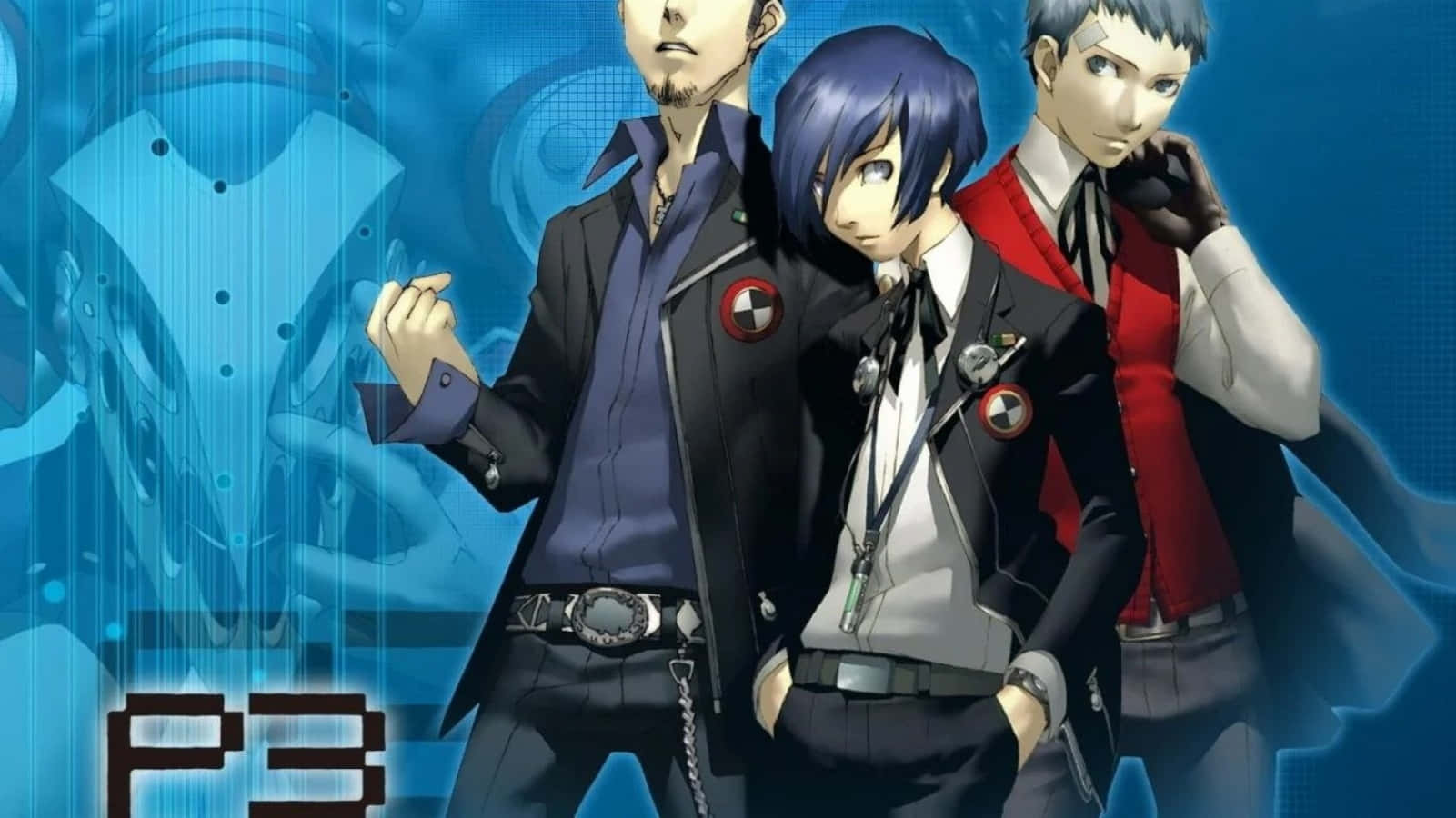 Persona 5 桌布 壁紙 — 三個動漫角色穿著校服，自信地站在發光的藍色數位背景前，帶有「P3」標誌。