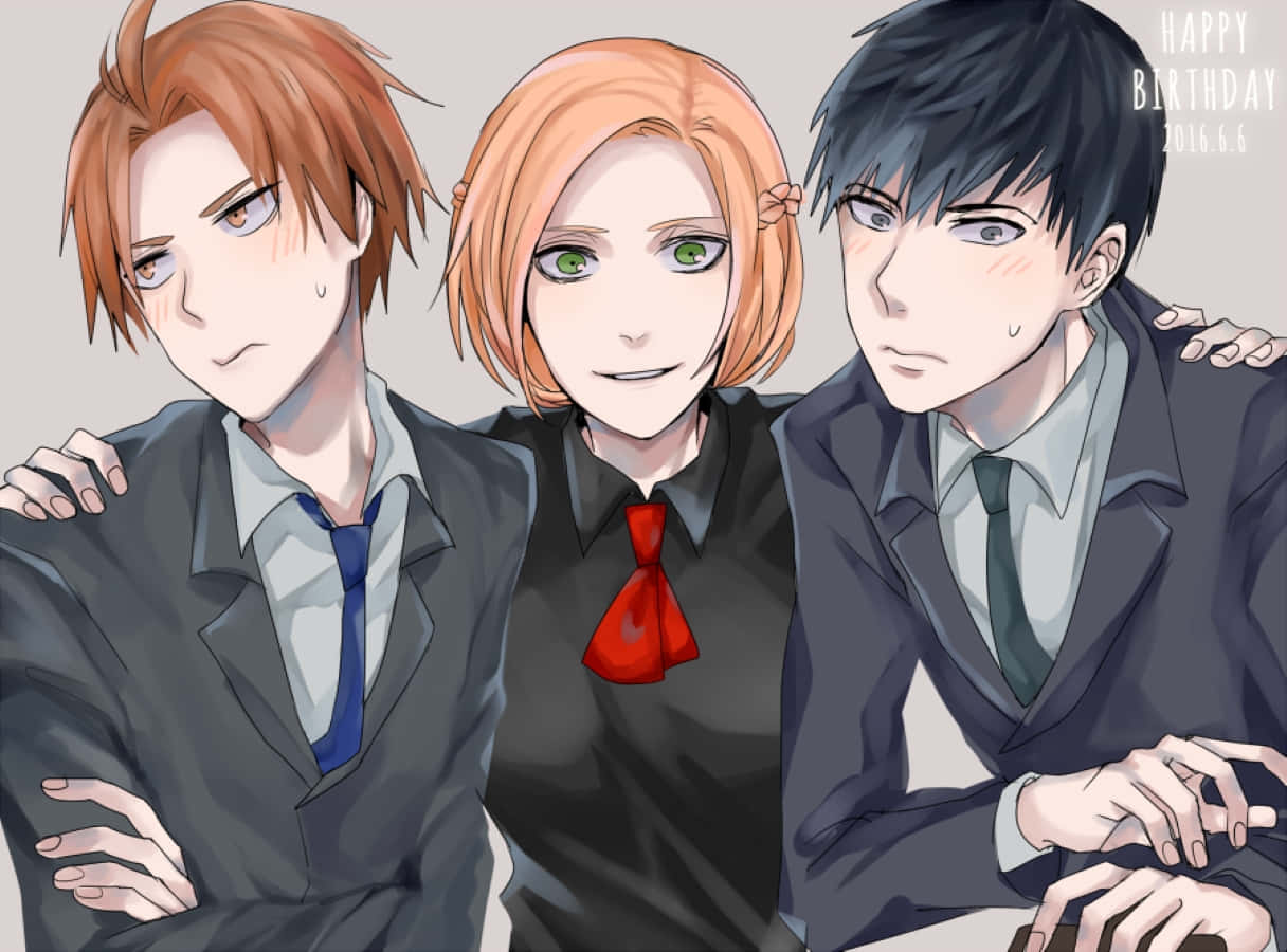 Koutarou Amon 桌布 壁紙 — 三個動漫角色穿著校服一起擺姿勢，其中一個戴著紅色領帶，角落有生日祝福語。