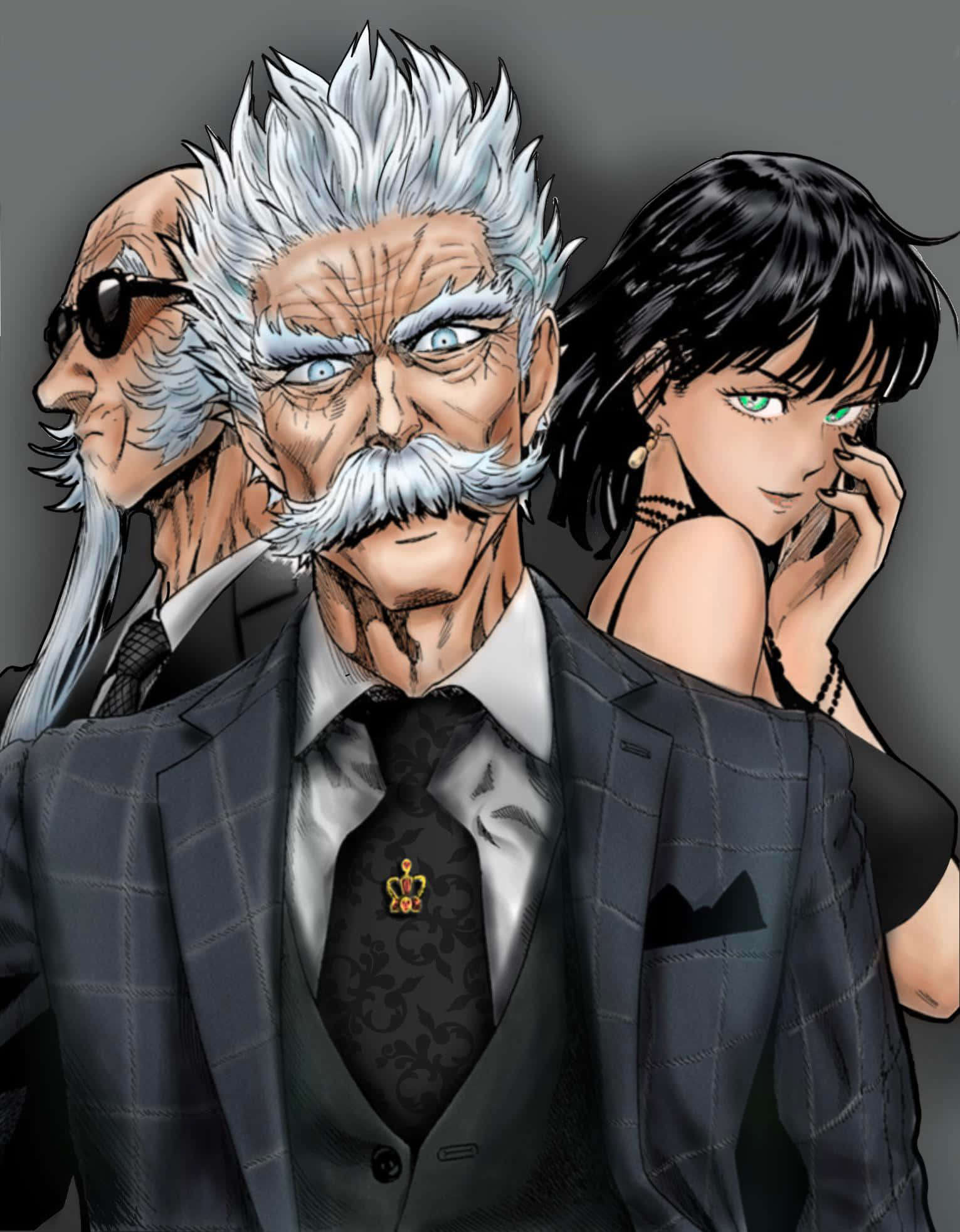 Silverfang 桌布 壁紙 — 三個動漫角色穿著正式服裝，在純灰色背景前擺出表情強烈的姿勢。