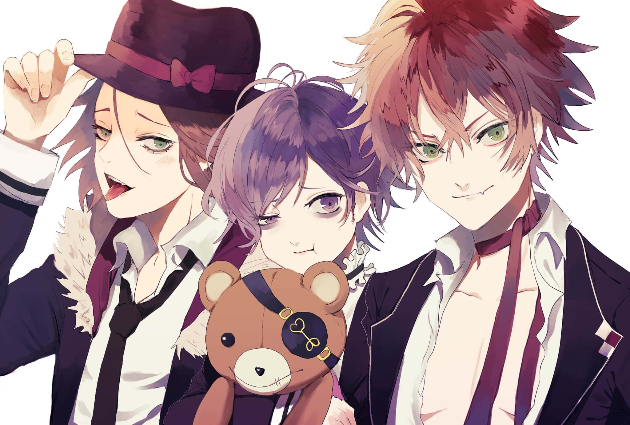 Diabolik Lovers 桌布 壁紙 — 三個動漫角色穿著正式服裝，在純白背景前與泰迪熊合影。