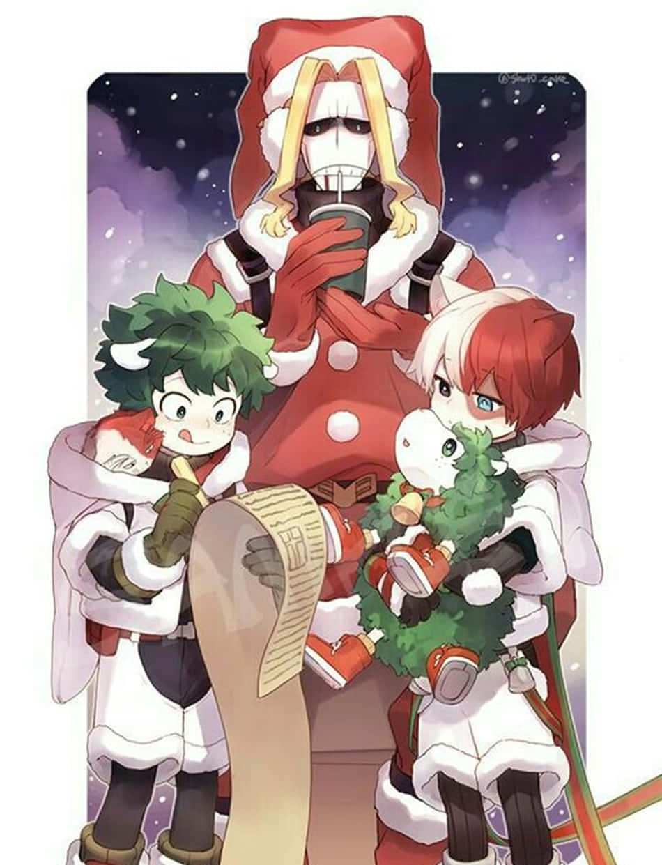 anime boys cute 桌布 壁紙 — 三個動漫角色穿著節日冬季服裝，在雪花飄落的雪夜天空下愉快地擺姿勢。