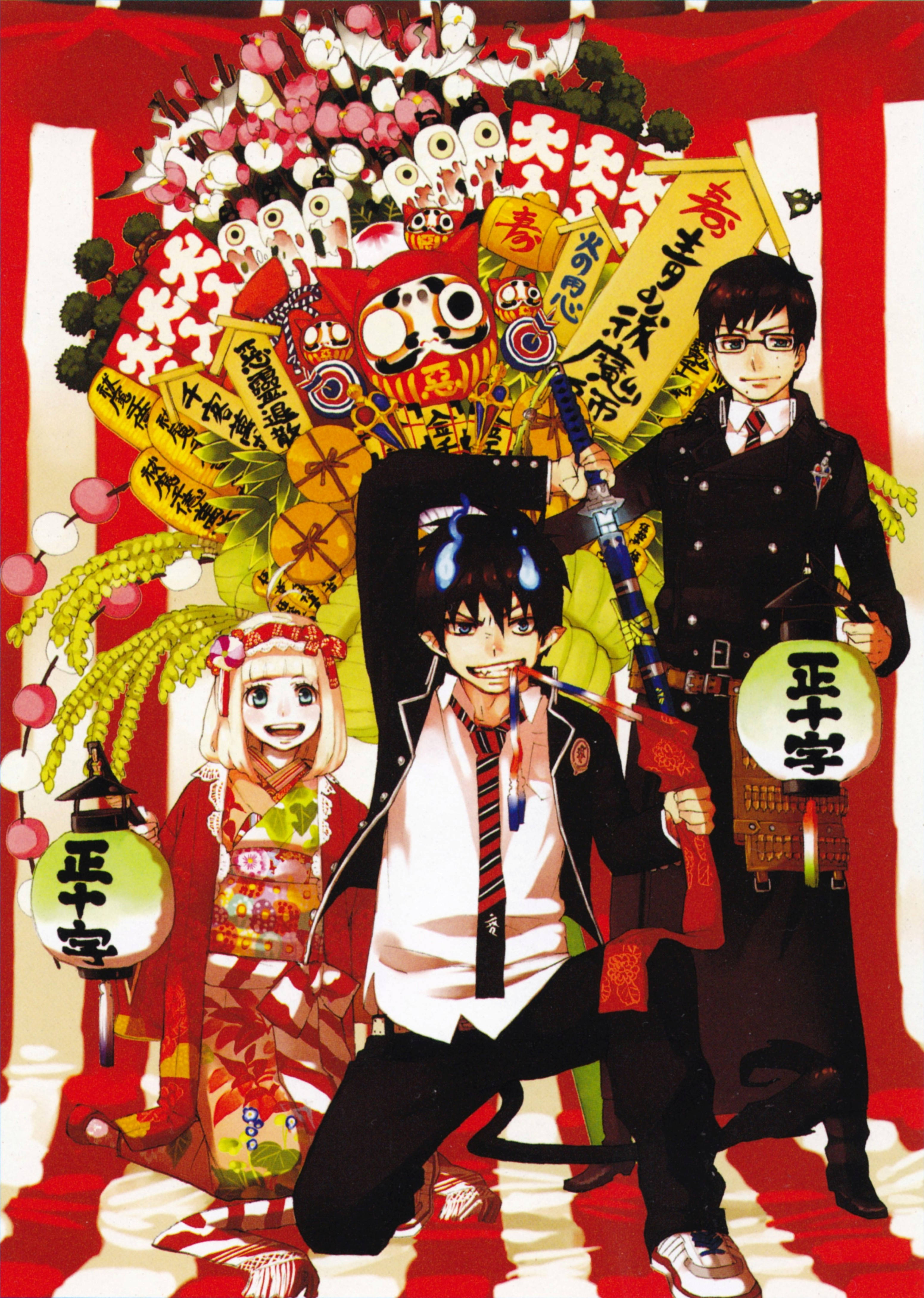 Blue Exorcist 桌布 壁紙 — 三個動漫角色穿著節日日本服裝，在一個裝飾著紙燈籠和傳統裝飾的鮮紅色神社前擺姿勢。