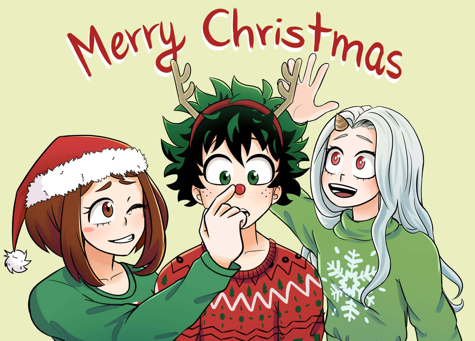 Anime Christmas 桌布 壁紙 — 三個動漫角色穿著節日毛衣和節日頭飾，愉快地擺姿勢，送上聖誕快樂的祝福。