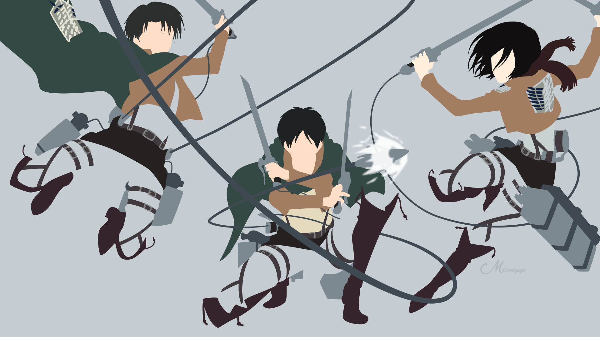 Mikasa Ackerman 桌布 壁紙 — 三個動漫角色穿著綠色裝備，在純灰色背景上揮舞劍和抓鉤。