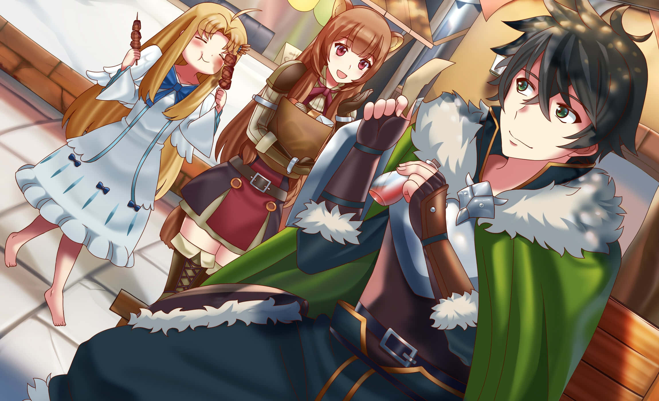 Shield Hero 桌布 壁紙 — 三個動漫角色穿著舒適的中世紀風格服裝，在溫暖的燈光下以俏皮的表情在室內放鬆。