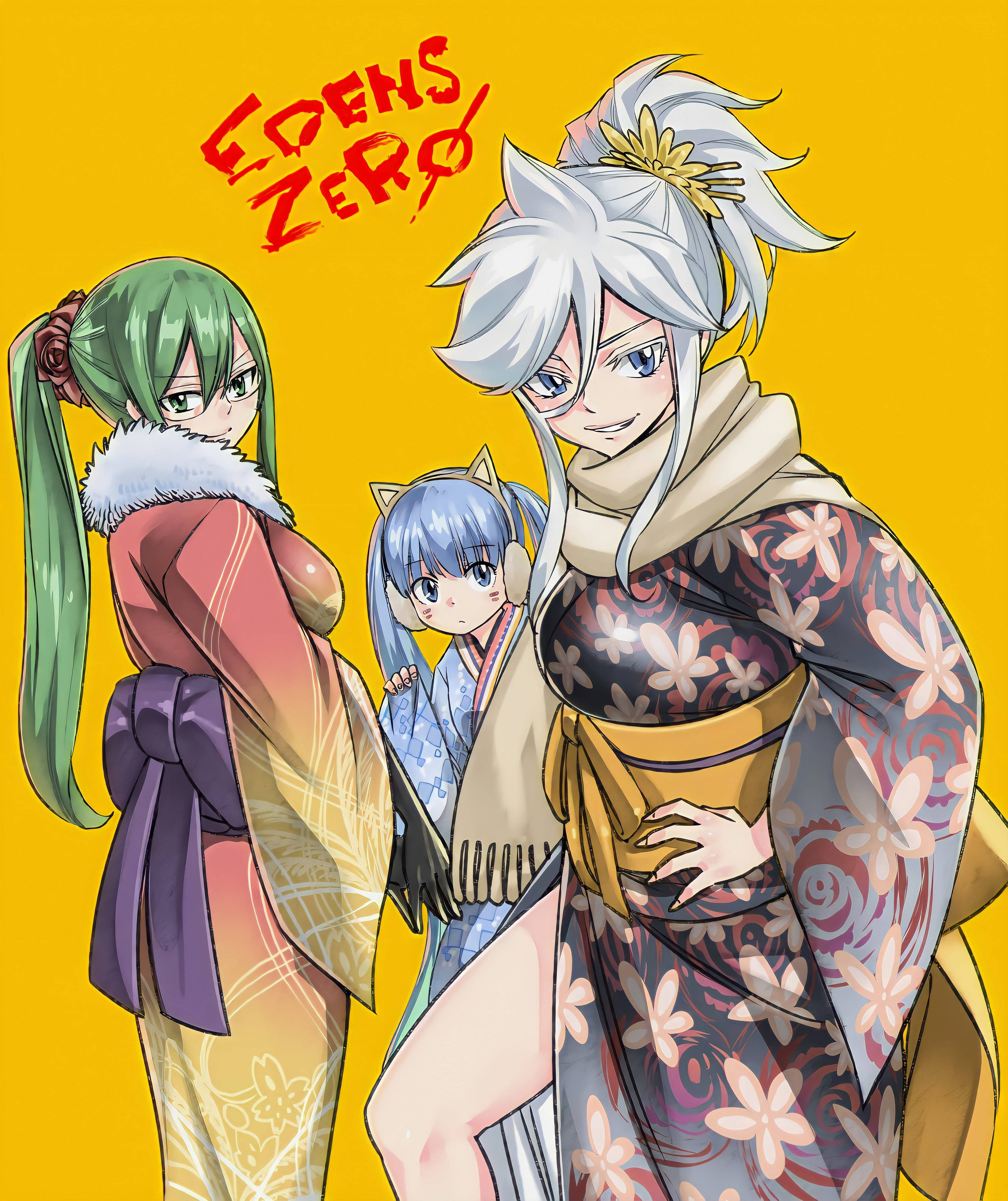 Edens Zero 桌布 壁紙 — 三個動漫角色穿著色彩繽紛的和服，在明亮的黃色背景上自信地擺姿勢，並帶有「Edens Zero」文字。