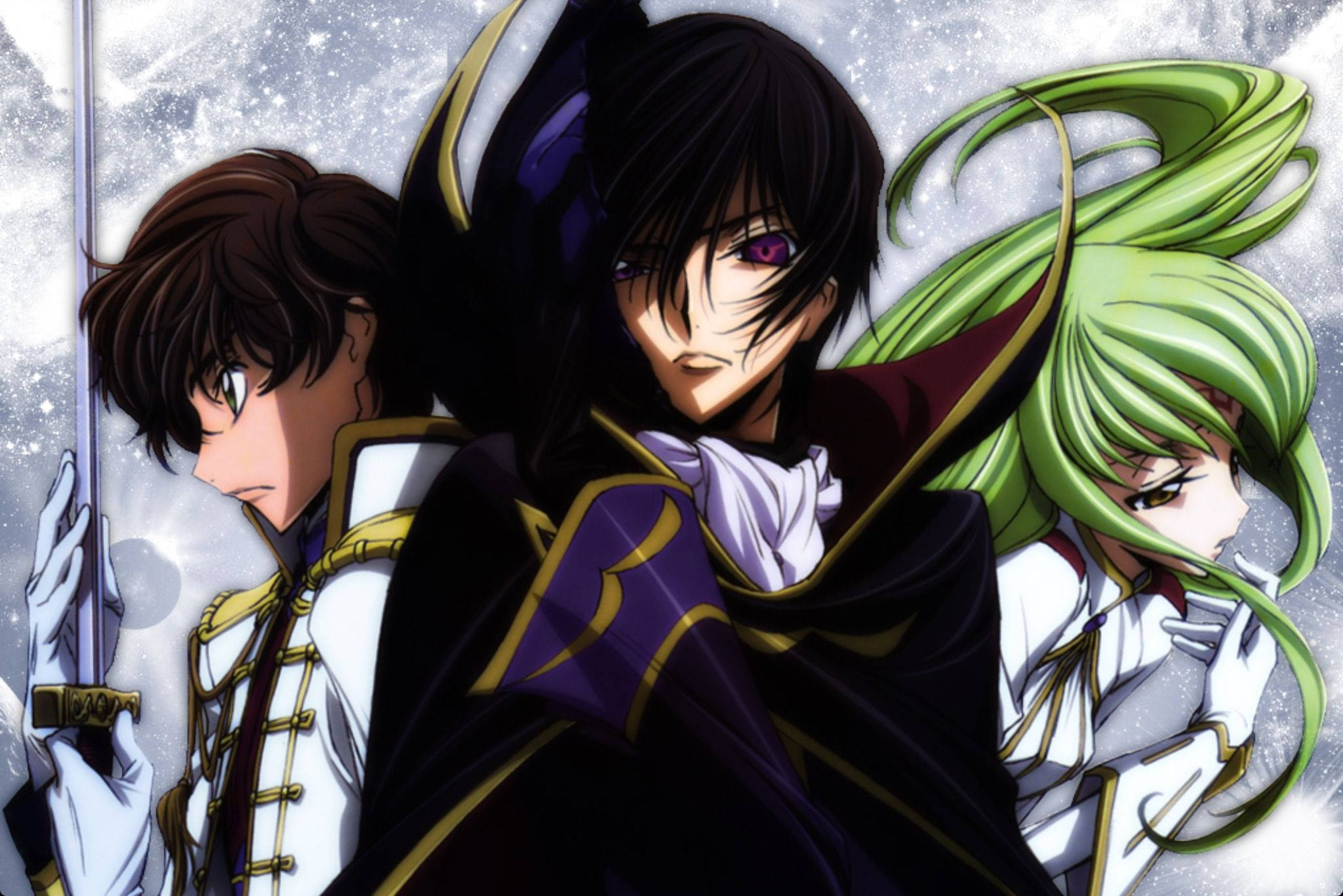 lelouch lamperouge 桌布 壁紙 — 三個動漫角色穿著華麗制服，在雪景背景下帶著強烈的表情站立。
