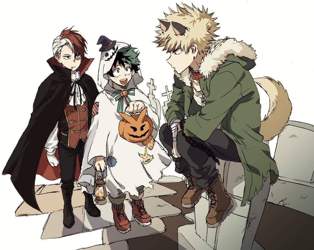 Todobakudeku 桌布 壁紙 — 三個動漫角色穿著萬聖節服裝，在墓碑間擺姿勢，旁邊有傑克南瓜燈和燈籠。