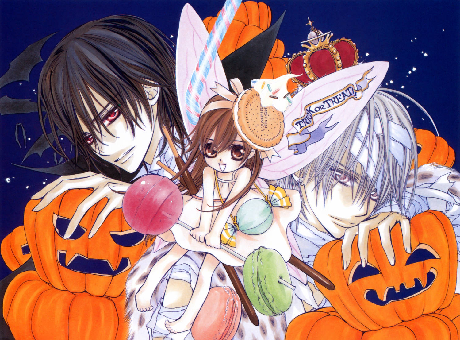 Vampire Knight 桌布 壁紙 — 三個動漫角色穿著萬聖節服裝，在星空下與南瓜和糖果一起擺姿勢。