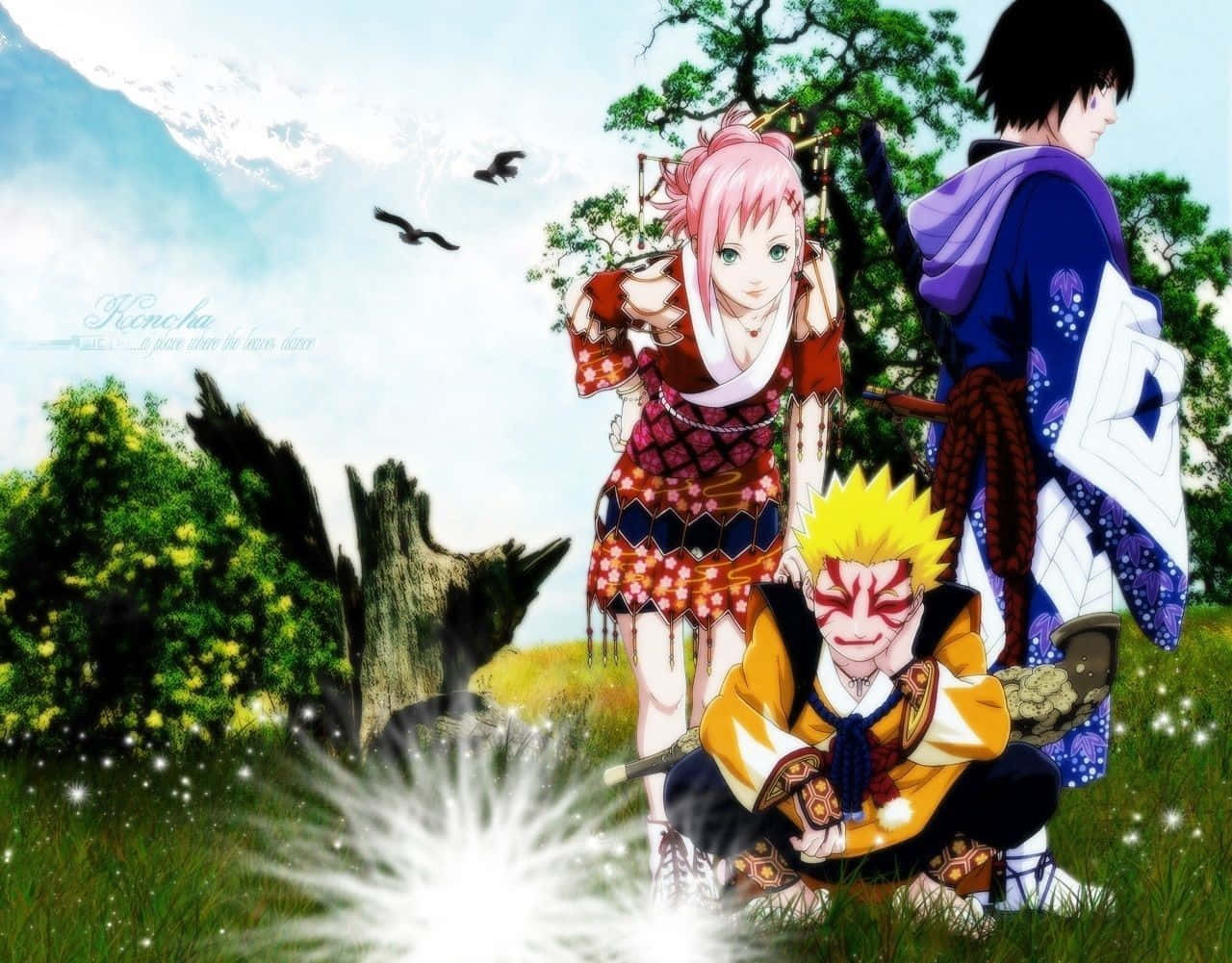 Naruto's Friend 桌布 壁紙 — 三個動漫角色穿著鮮豔的傳統服裝，站在草地上，背景是雪山和飛鳥。