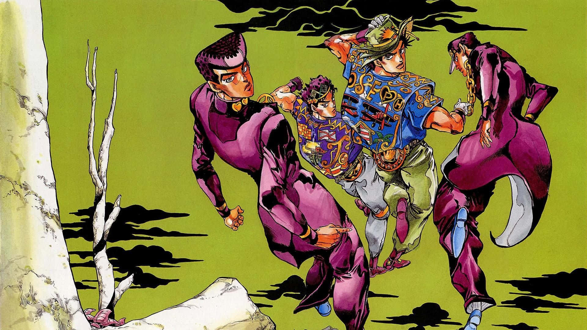 Jojo Manga 桌布 壁紙 — 三個動漫角色穿著鮮豔的紫色和藍色服裝，在一片超現實的綠色景觀中奔跑，背景有 stark 白色樹木和黑色雲朵。