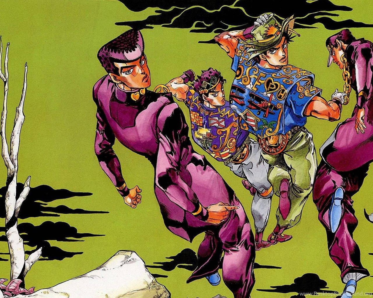 Jojo 桌布 壁紙 — 三個動漫角色穿著鮮豔的紫色和藍色服裝，在一個有裸露樹木和烏雲的荒涼綠色田野上動態奔跑。