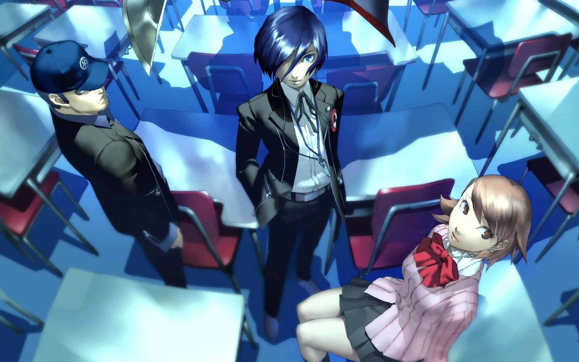 persona 5 4K 桌布 壁紙 — 三個動漫角色站在一個傾斜的教室裡，有藍色燈光和紅色椅子。