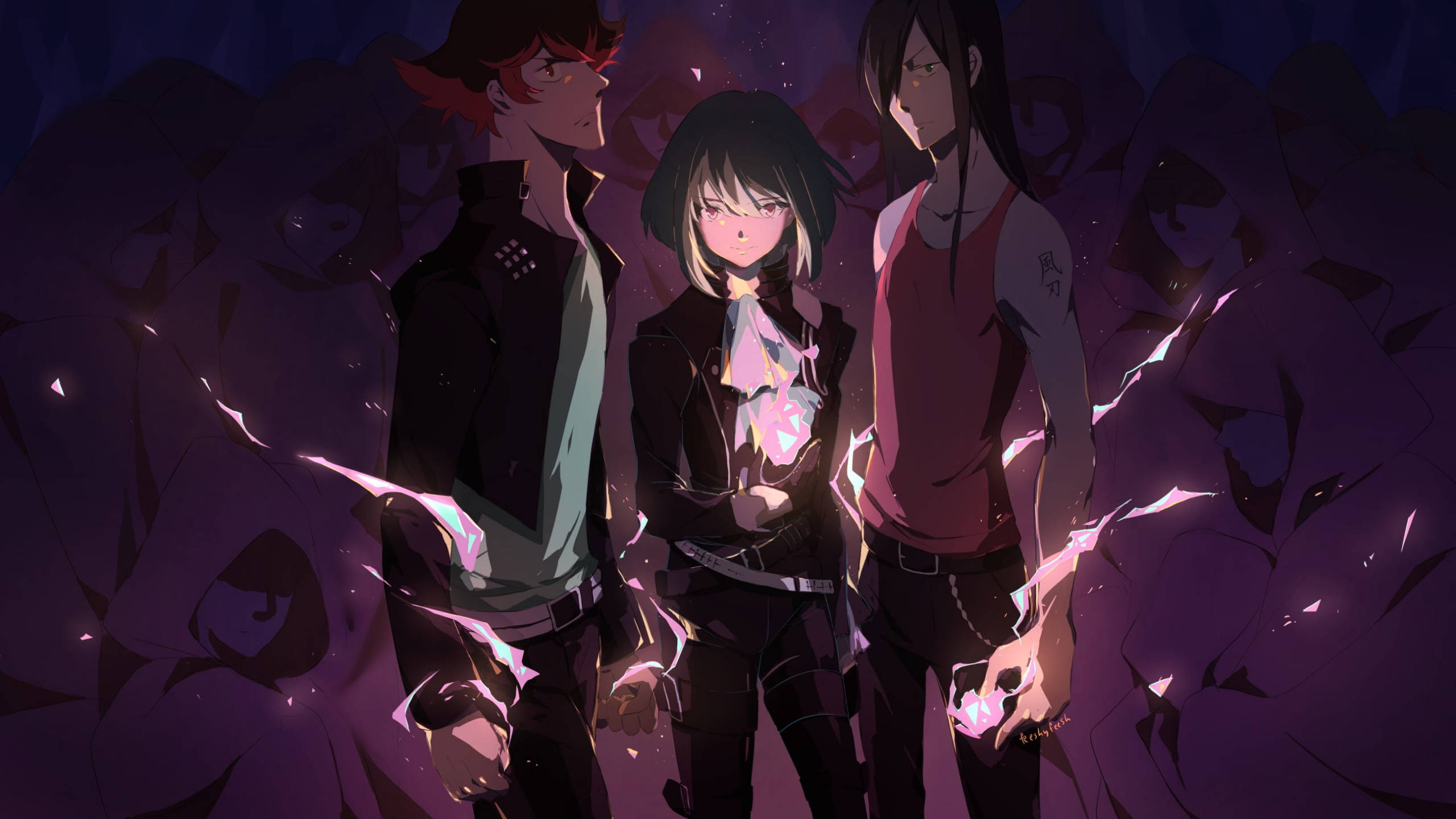 Promare 桌布 壁紙 — 三個動漫角色站在一個深紫色的虛空中，周圍有發光的粉紅色能量在噼啪作響。