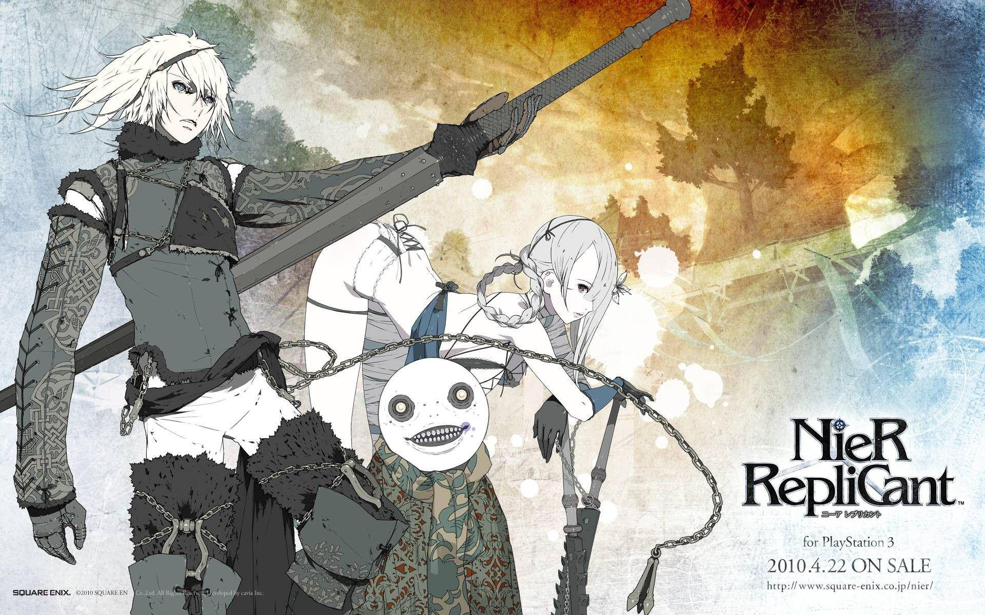 Nier 桌布 壁紙 — 三個動漫角色站在一個風格化的森林中，背景溫暖發光，並有鏈條連接他們。