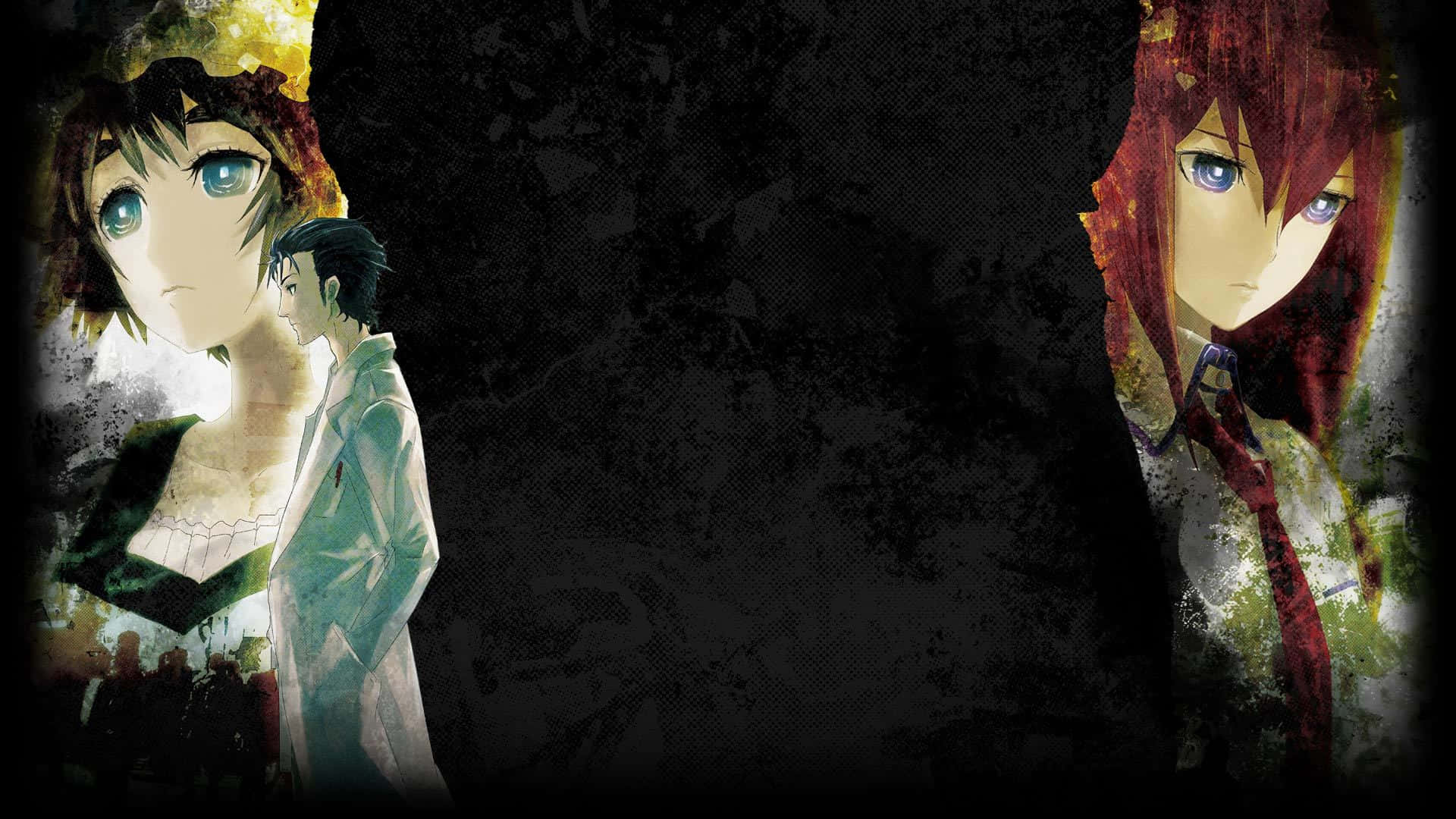 Mayuri Shiina 桌布 壁紙 — 三個動漫角色站在一個黑暗、有紋理的空間中，眼睛發光，燈光效果戲劇化。