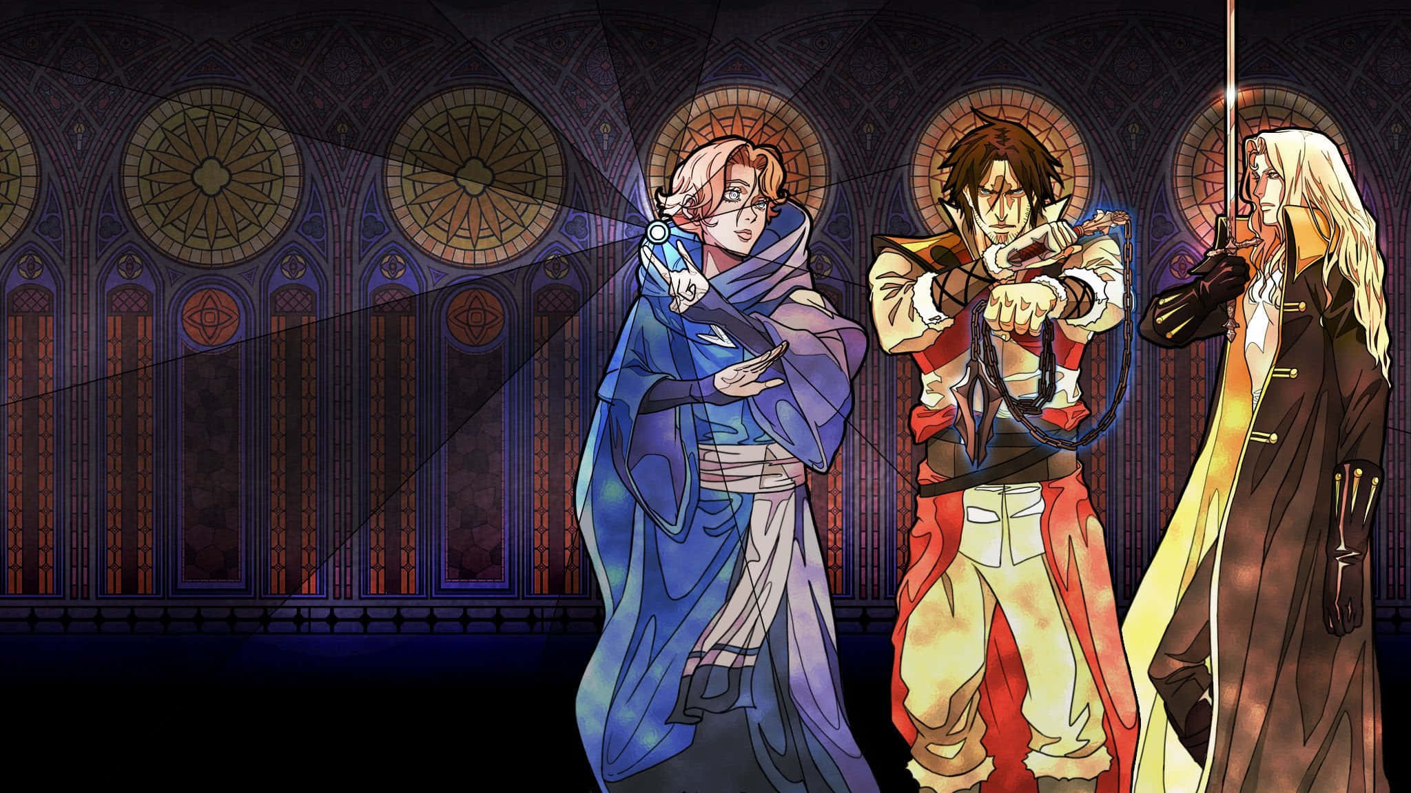 Castlevania 桌布 壁紙 — 三個動漫角色站在一座哥德式大教堂中，身後彩繪玻璃窗閃耀著光芒。