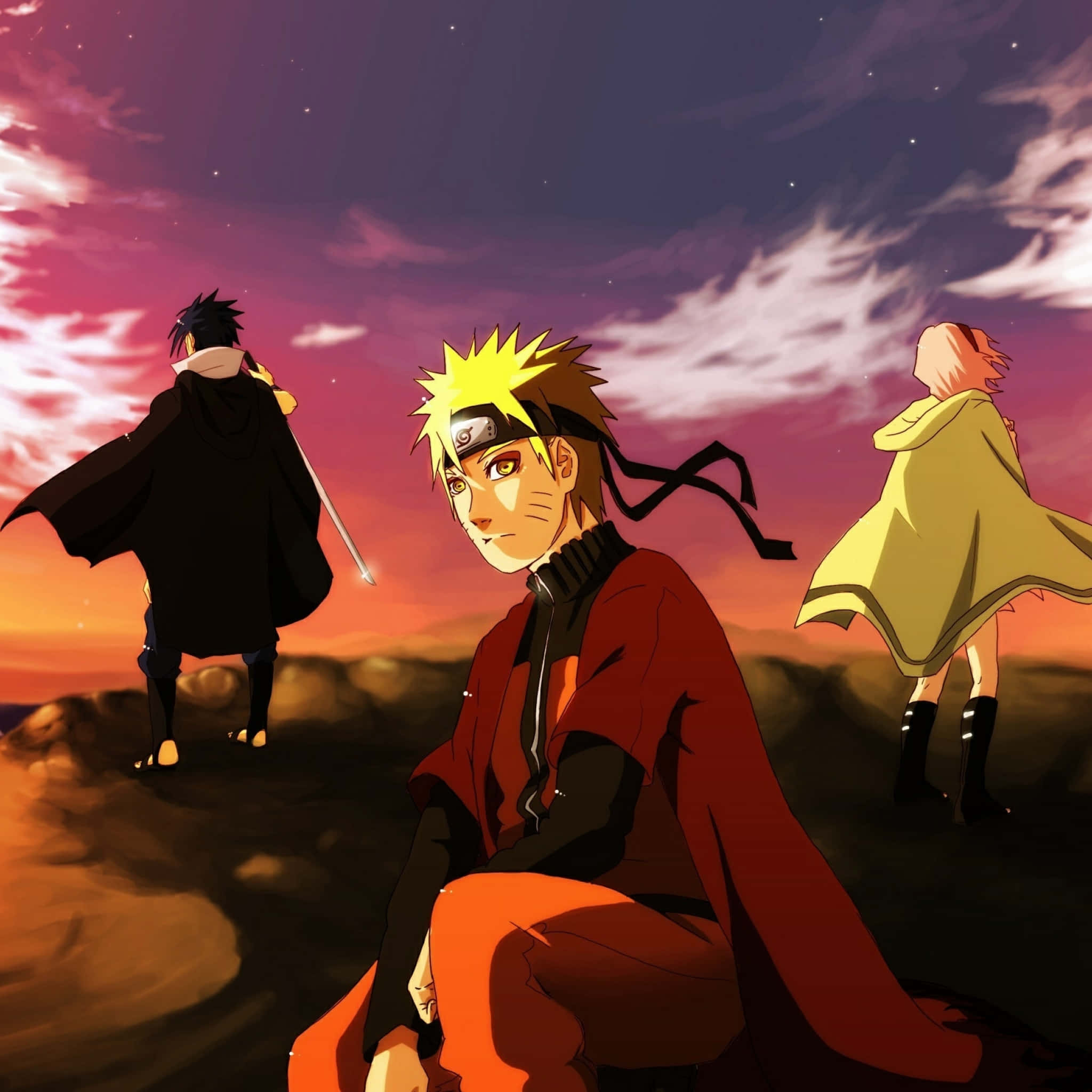 Naruto Group 桌布 壁紙 — 三個動漫角色站在充滿活力的暮色天空下，天空中有紫色、橙色和粉紅色的星星和雲彩。
