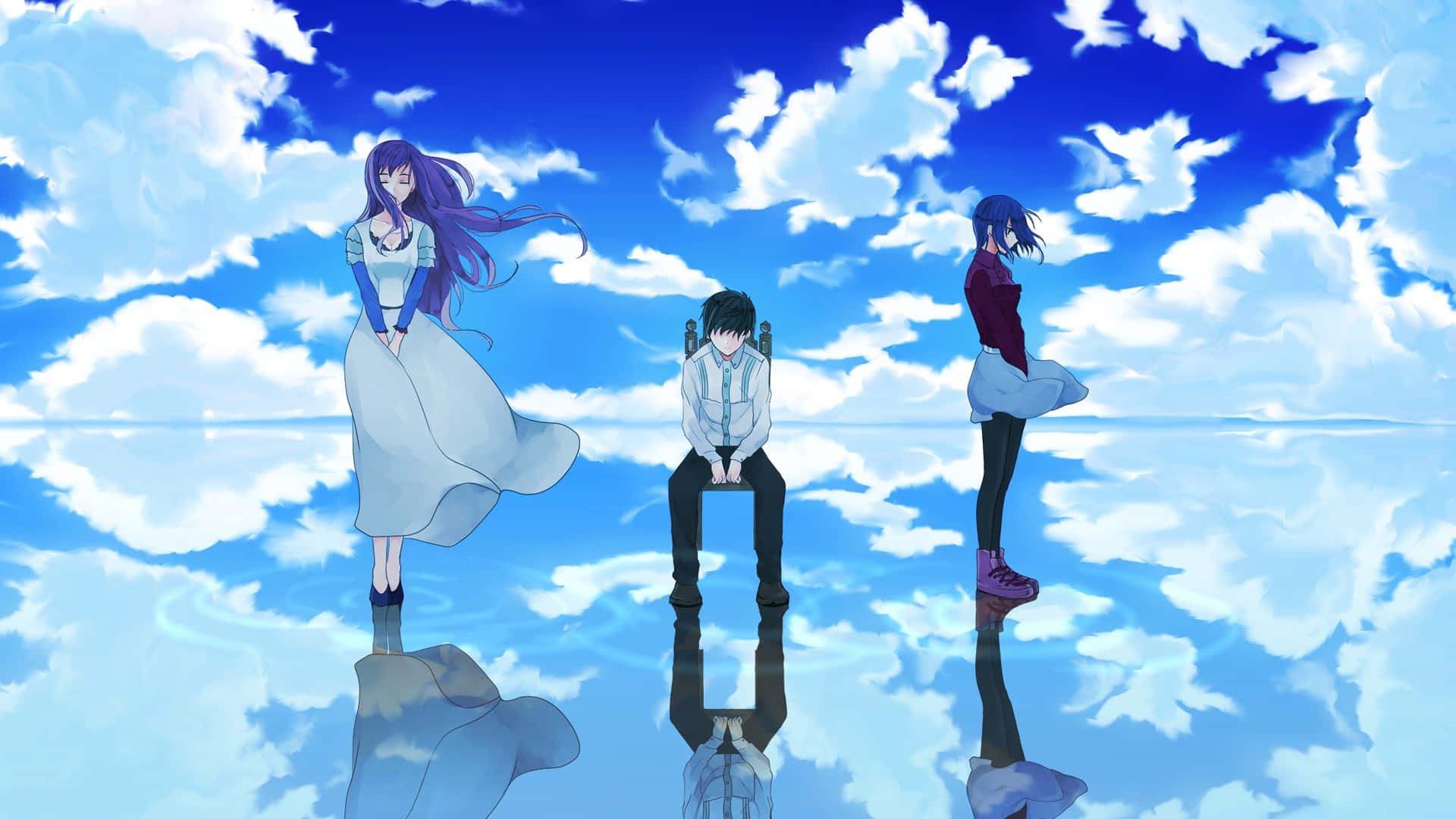 Anime Sky 桌布 壁紙 — 三個動漫角色站在反射表面上，上方是充滿蓬鬆白雲的鮮豔藍天。