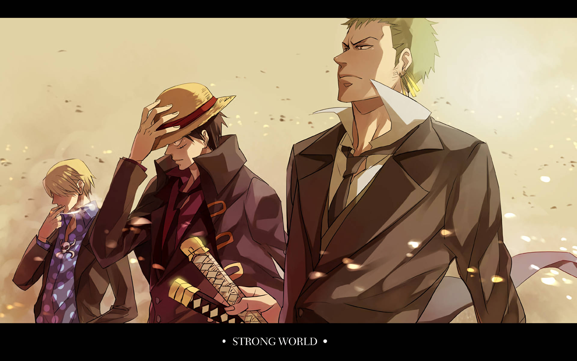 Luffy 桌布 壁紙 — 三個動漫角色站在塵土飛揚的田野中，沐浴在溫暖的金色光芒下，周圍有飄落的粒子。
