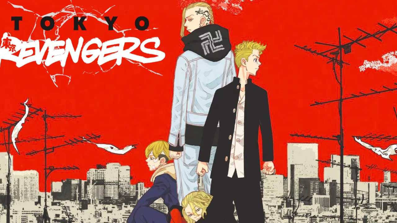 東京城市景觀中的動漫角色，紅色天空和海鷗。