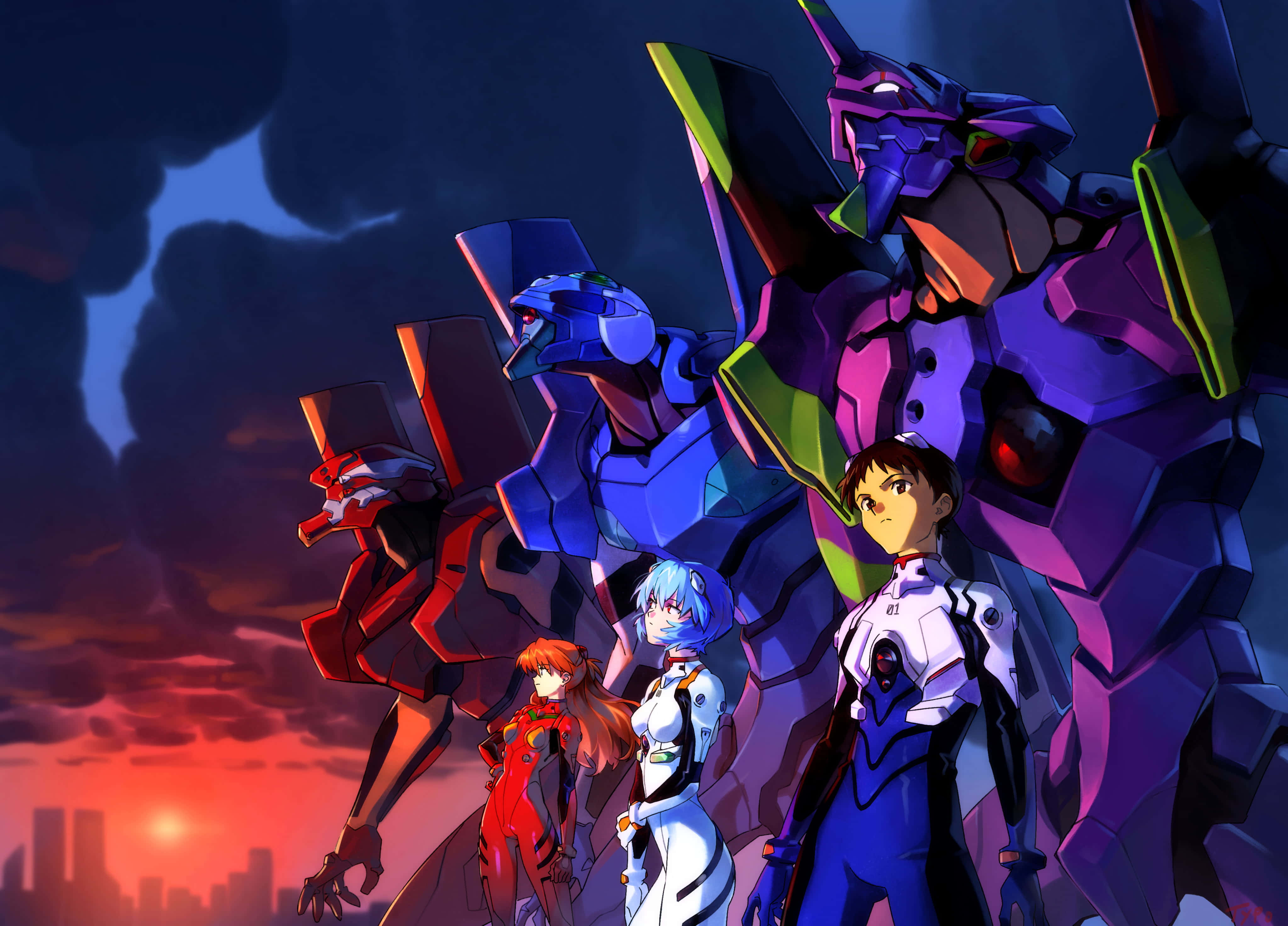 evangelion 4K 桌布 壁紙 — 三個動漫角色站在巨型機甲前，背景是城市上空戲劇性的日落天空。
