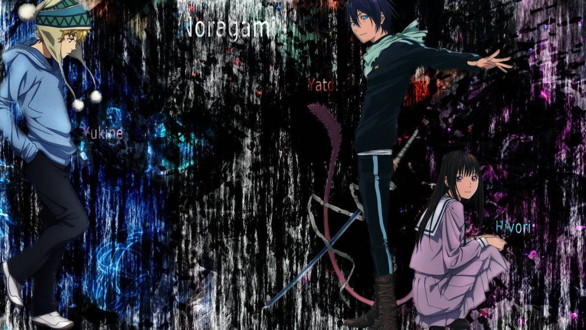 Noragami 桌布 壁紙 — 三個動漫角色站在帶有藍色和紫色數位條紋的黑暗故障背景前。