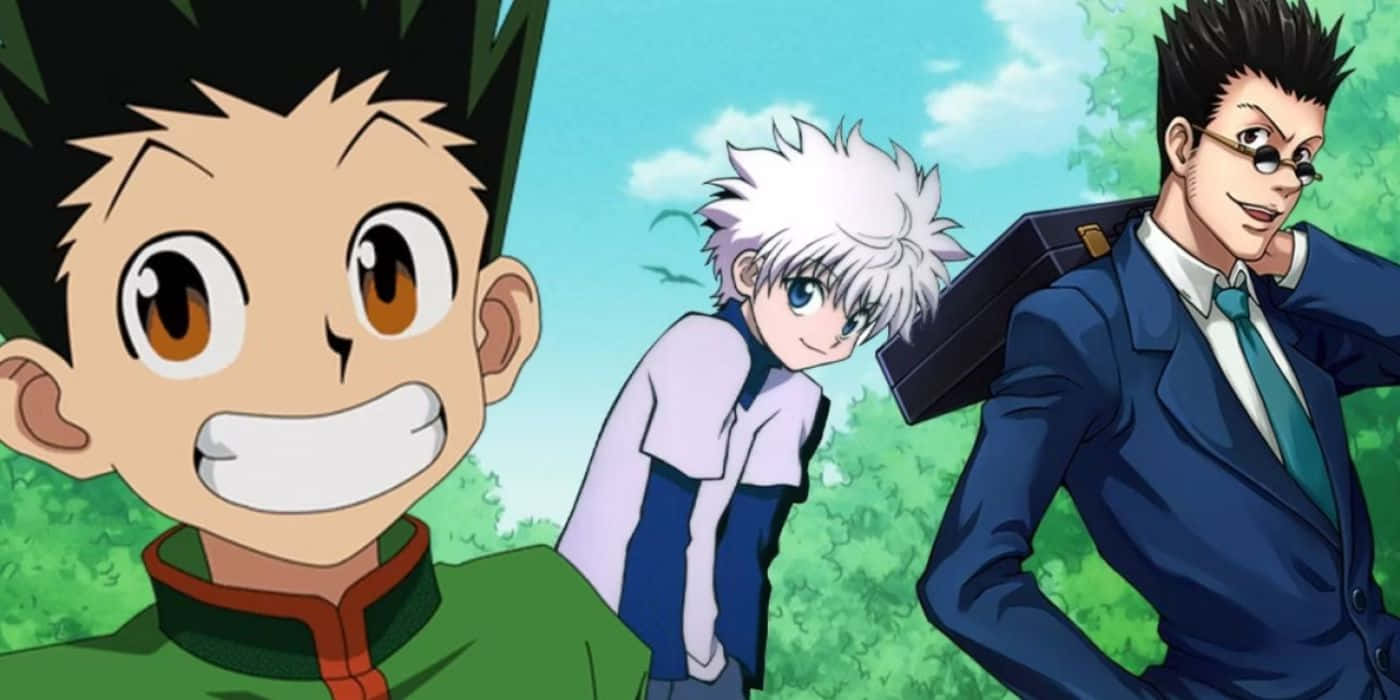 Shonen Anime 桌布 壁紙 — 三個動漫角色站在戶外，背後是明亮的藍天和綠色樹葉。