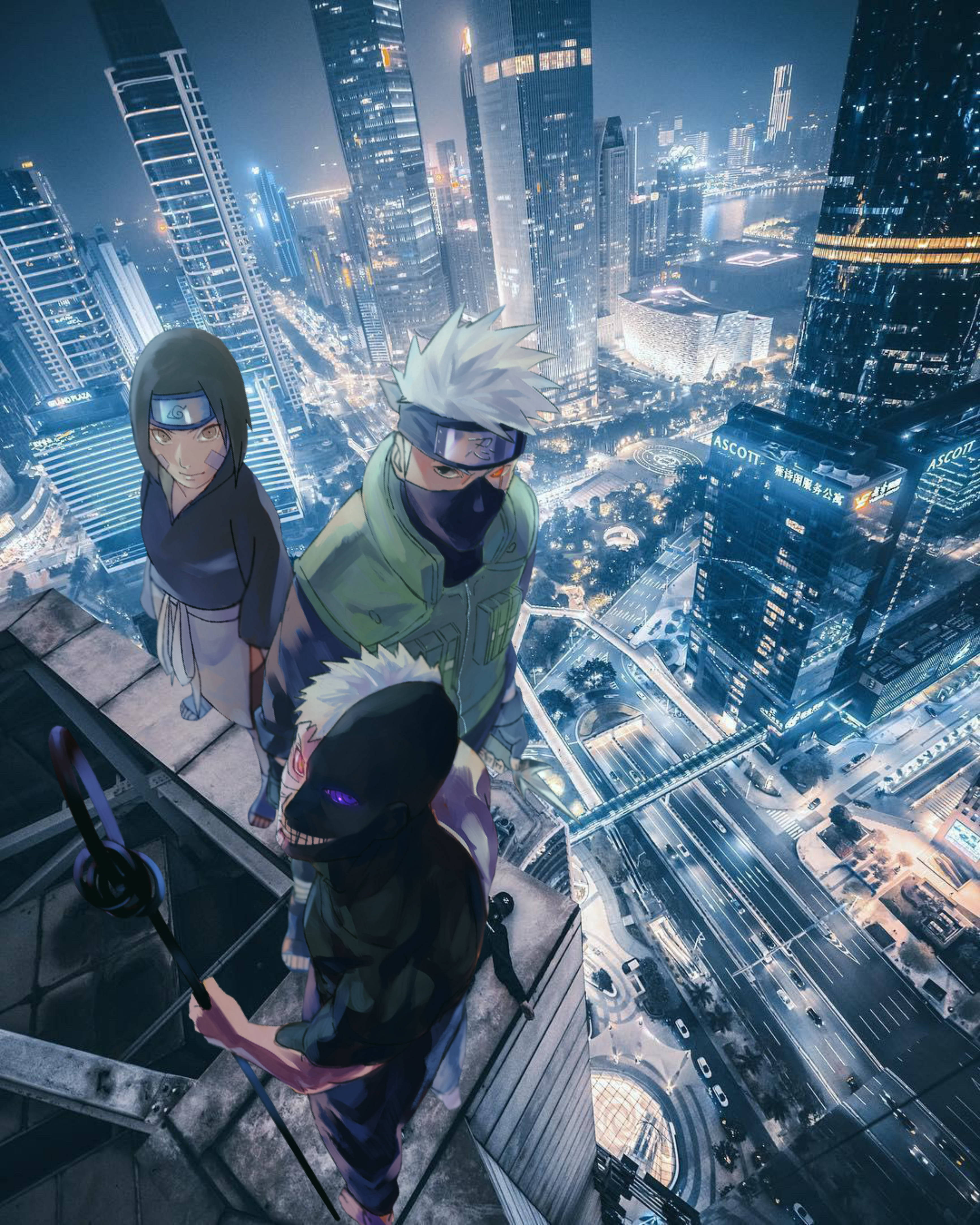kakashi 4K 桌布 壁紙 — 三個動漫角色站在摩天大樓頂端，俯瞰夜晚閃耀的未來城市景觀。
